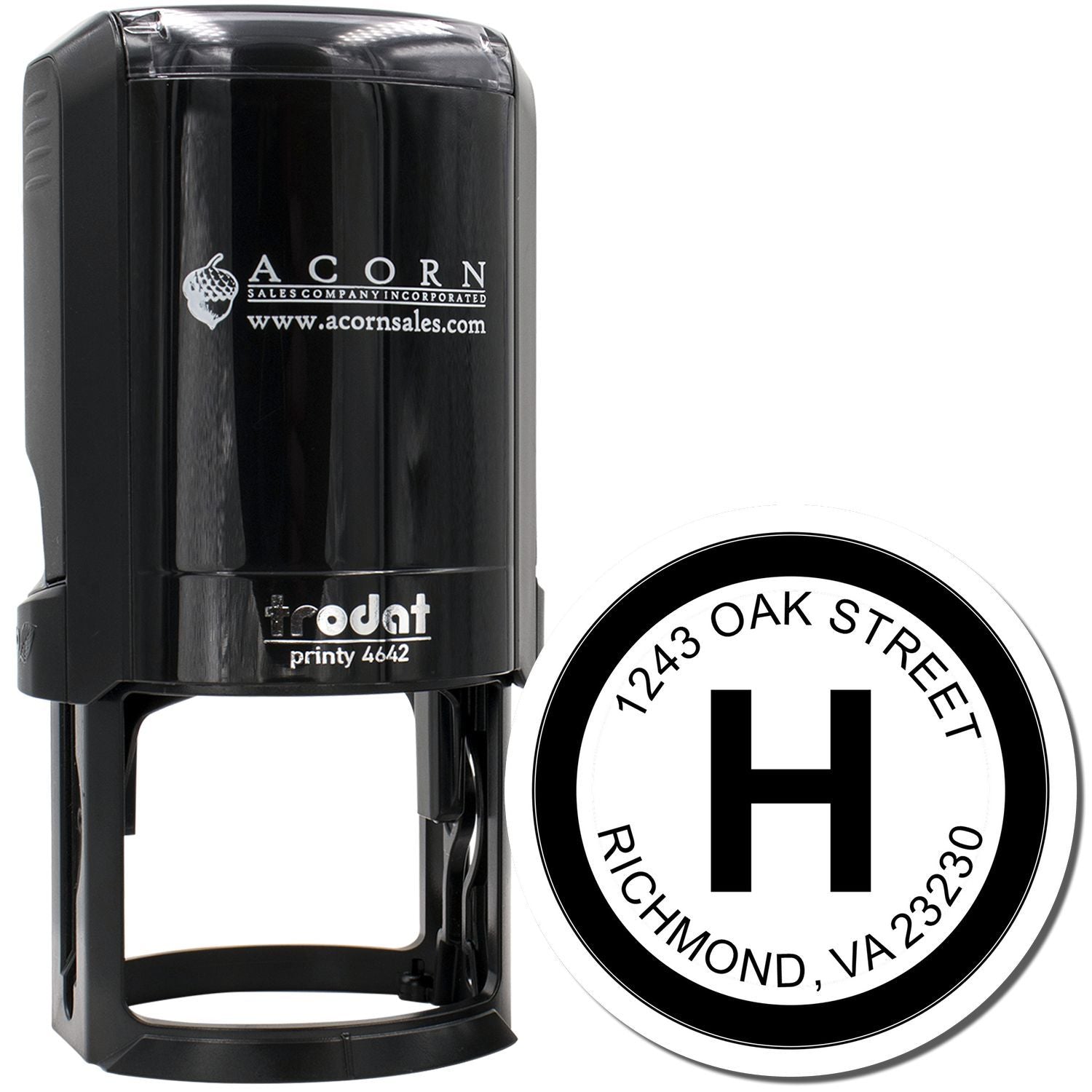 Custom self-inking rubber stamp with monogram H and Richmond, VA 23220 address design