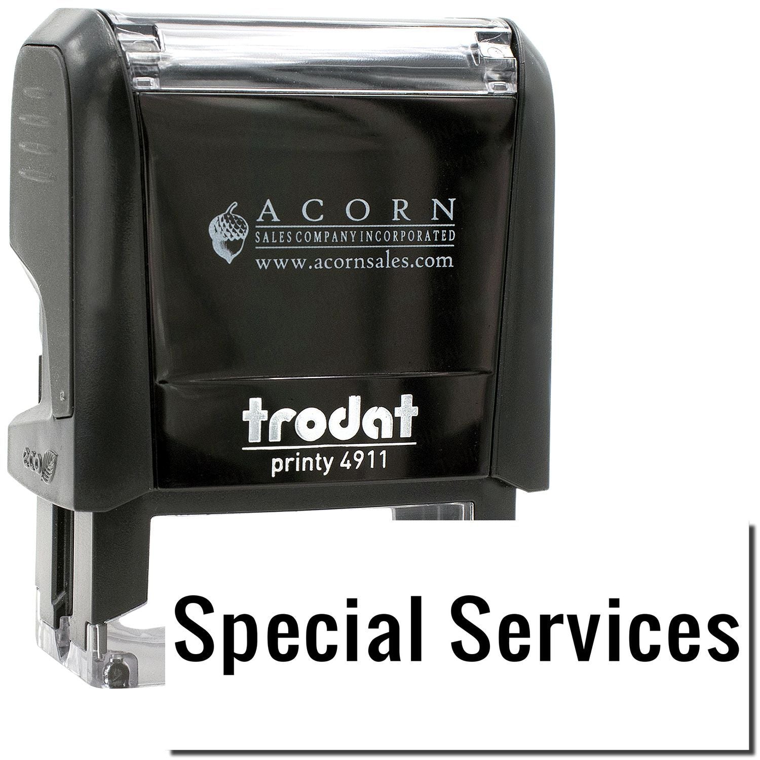 Trodat Printy 4911 self-inking stamp with Acorn Sales Company Special Services imprint on black case