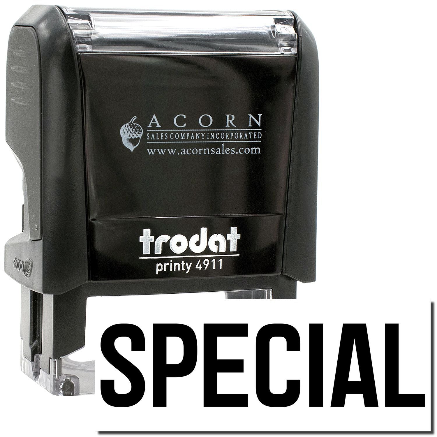 Trodat Printy 4911 black self-inking stamp with SPECIAL text, Acorn Sales logo, office rubber stamp tool