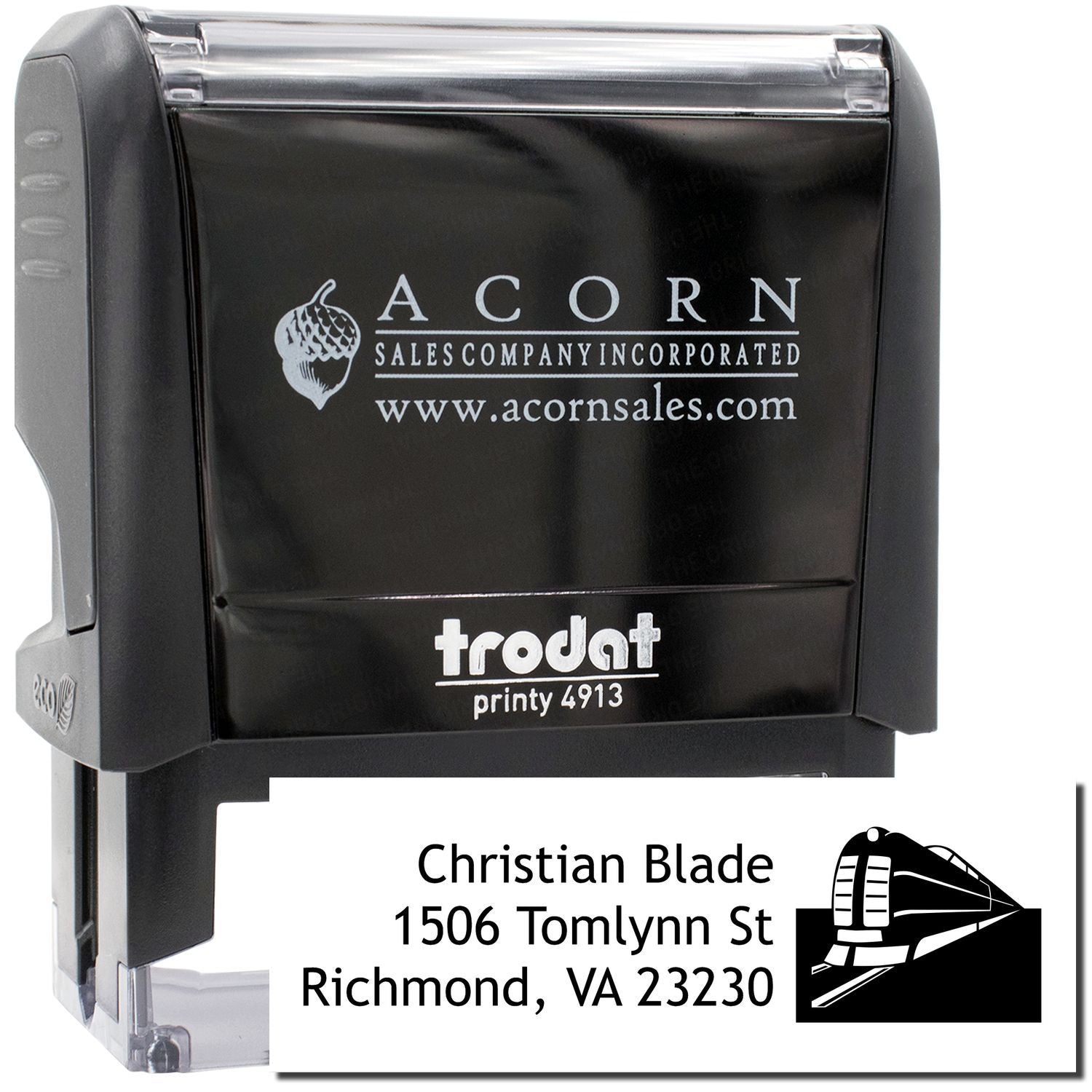 Custom self-inking address rubber stamp with train logo for Christian Blade, Richmond VA, Trodat Printy 4913