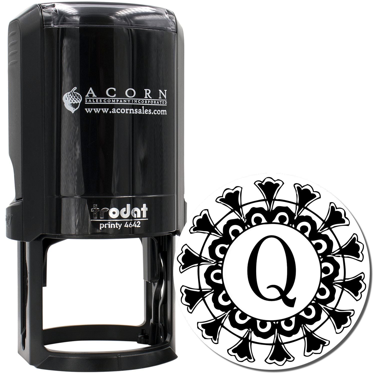 Personalized self-inking rubber stamp with ornate monogram Q design for business branding, labeling, and office use.