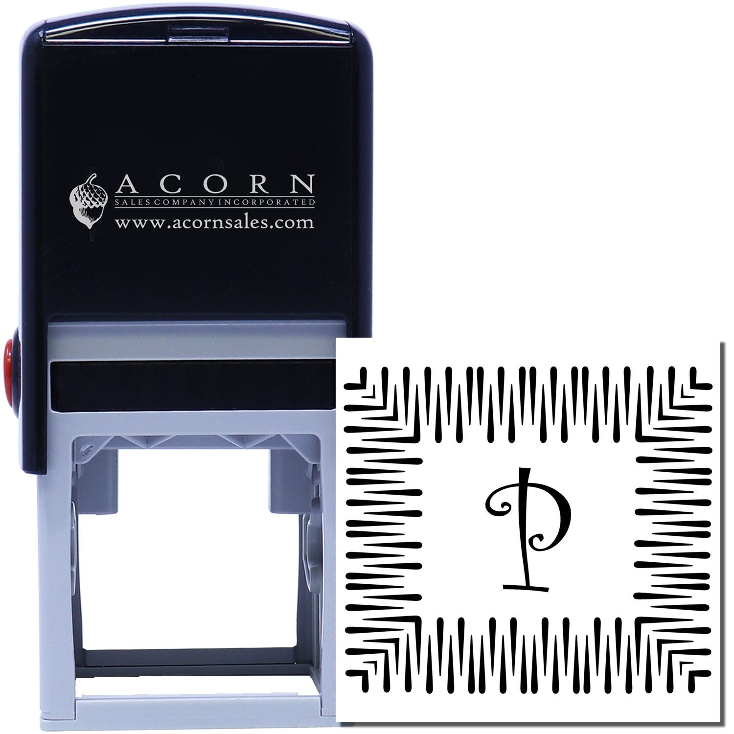 Acorn Sales custom self-inking rubber stamp with decorative monogram P, ideal for branding and personalized business use.