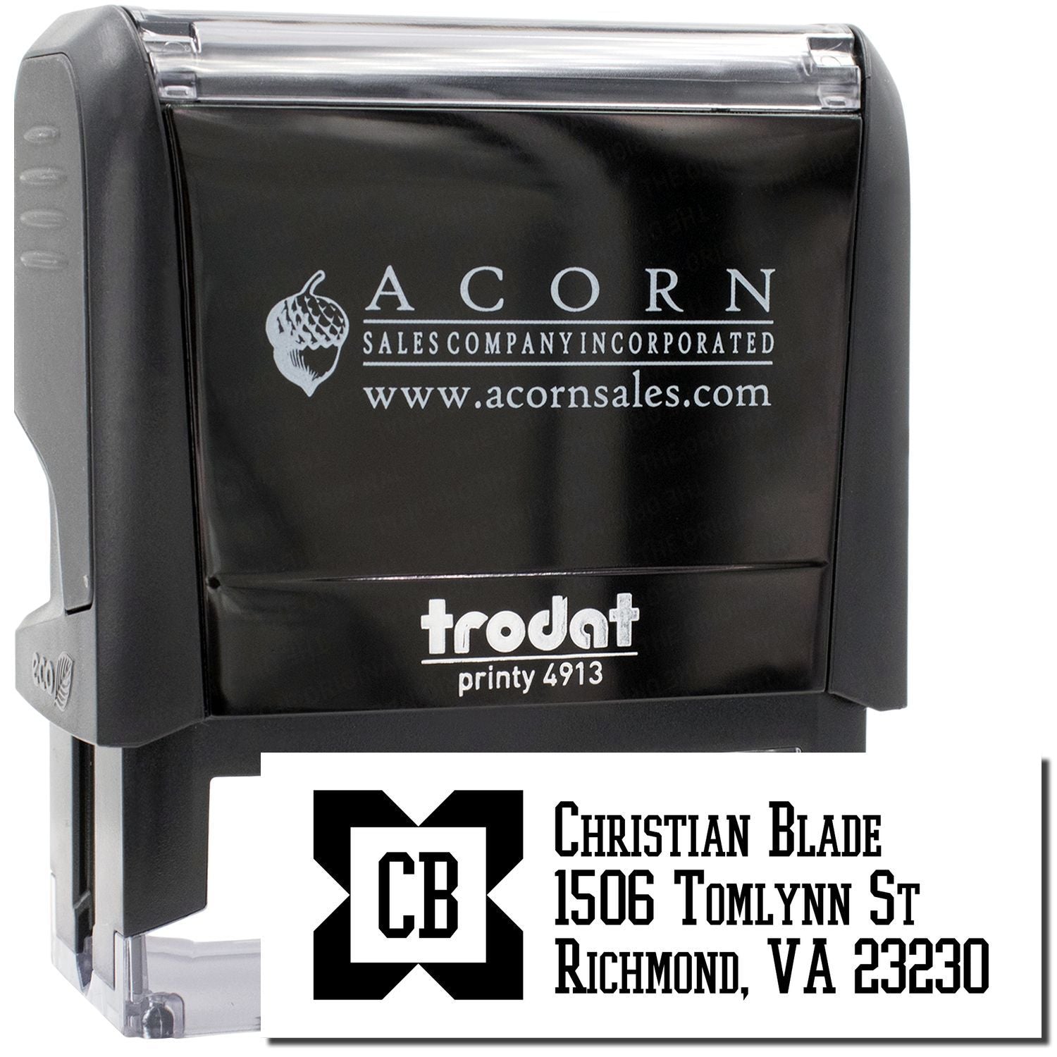 Custom self-inking address stamp with logo, featuring Christian Blade, Richmond VA, Trodat Printy 4913.