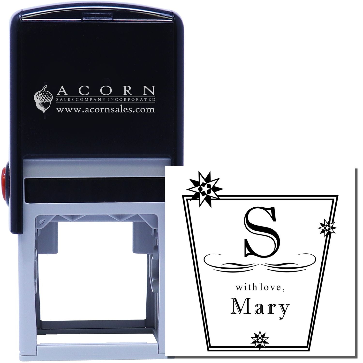 Custom self-inking rubber stamp with monogram S and with love, Mary design for personalized wedding favors and gift packaging.