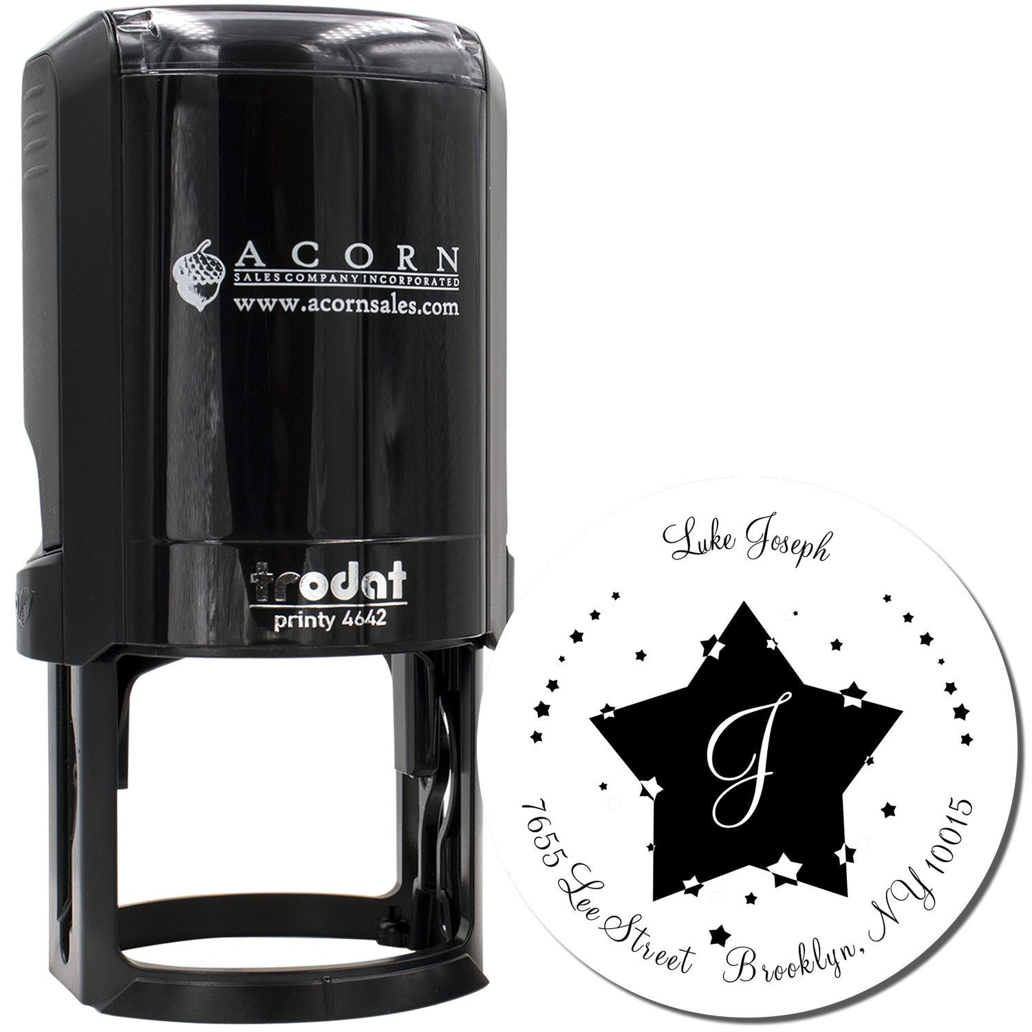 Custom self-inking rubber stamp with monogram and return address, ideal for personalized mailing and business use.