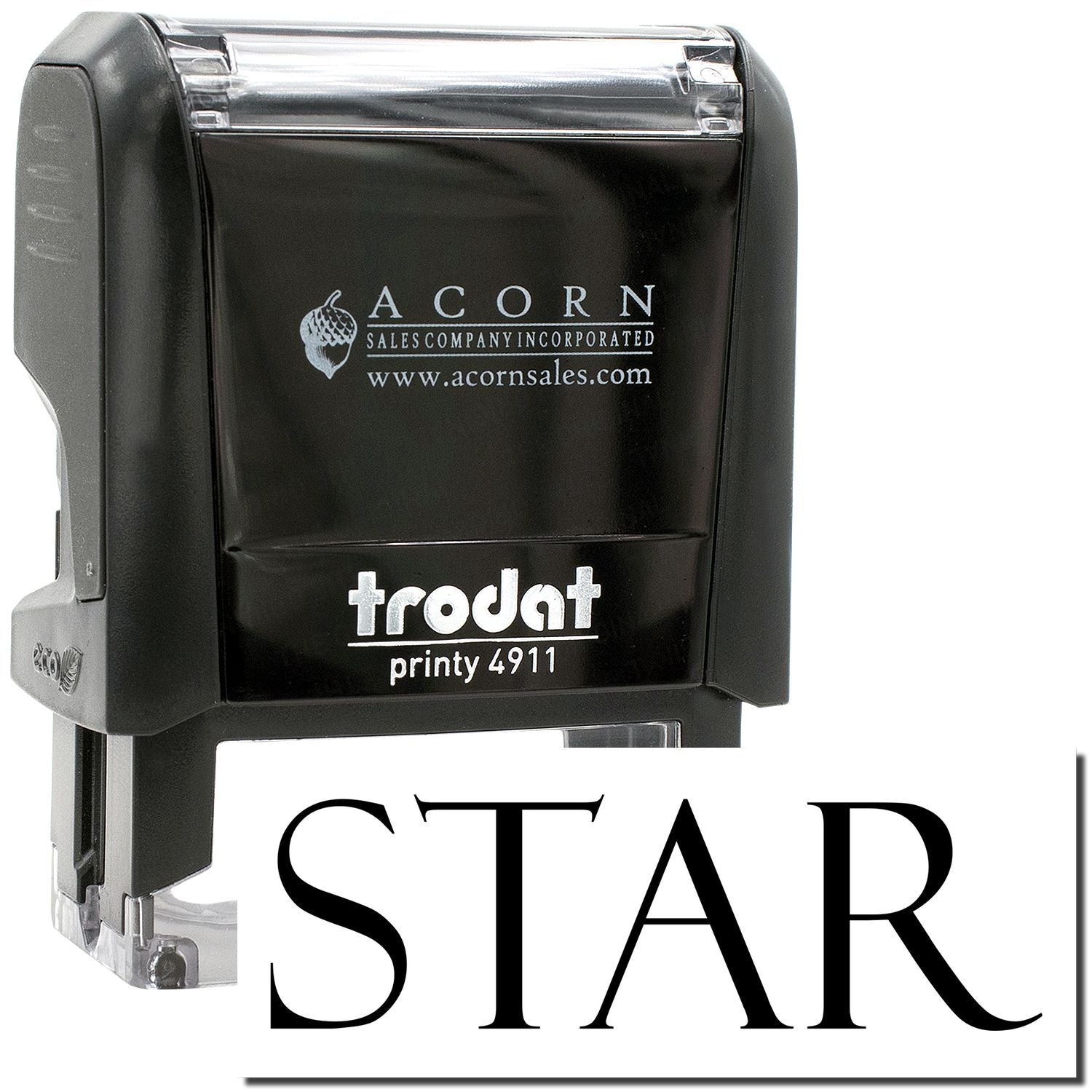 Trodat Printy 4911 self-inking stamp with STAR text and Acorn Sales branding