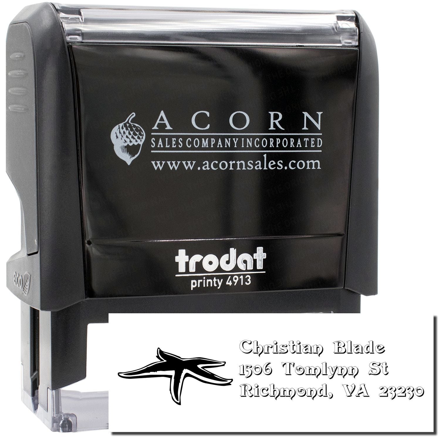Trodat self-inking custom rubber stamp with logo and return address, ideal for business branding and mailing.