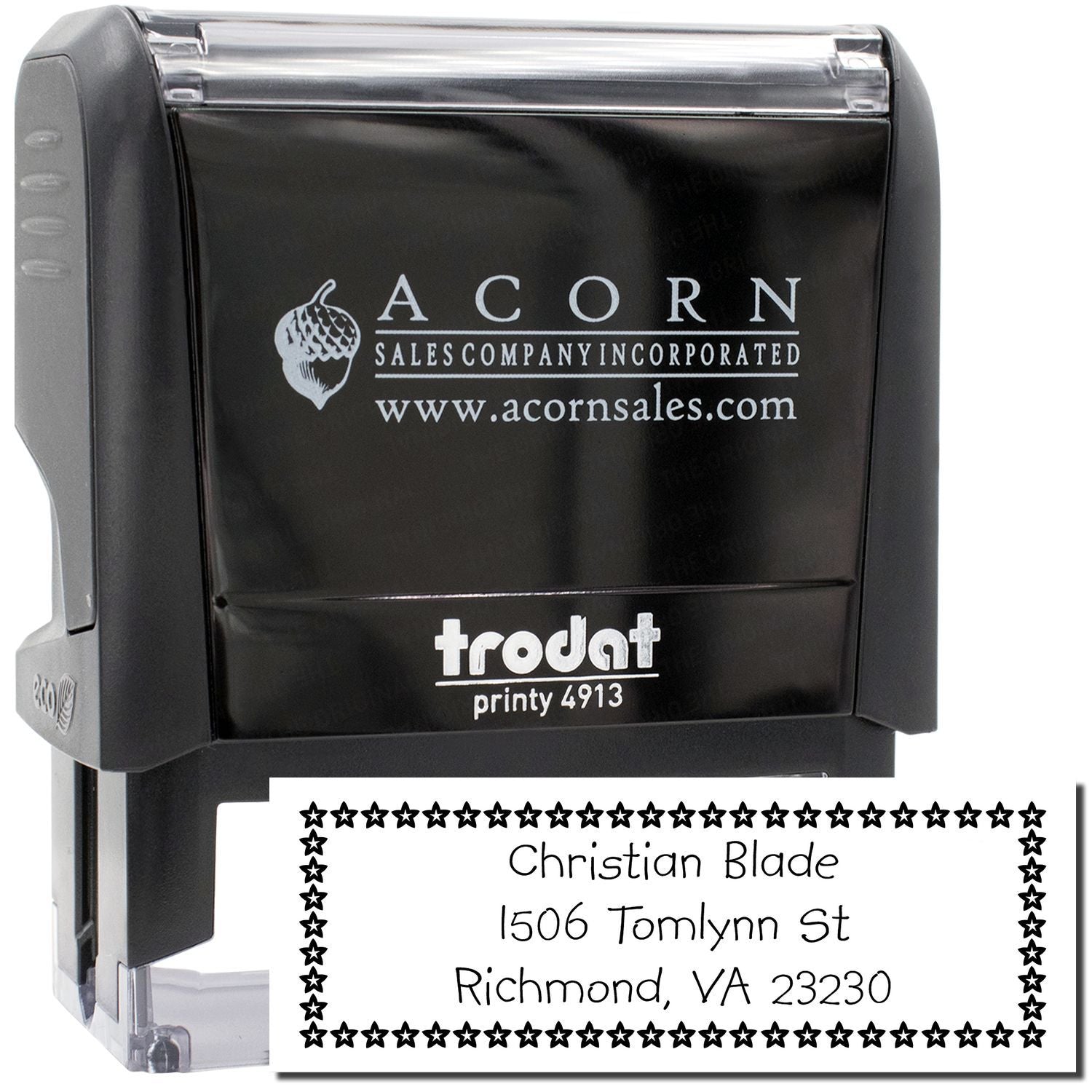 Custom self-inking address stamp with star border, shown on Trodat Printy 4913 rubber stamp for mailing labels.