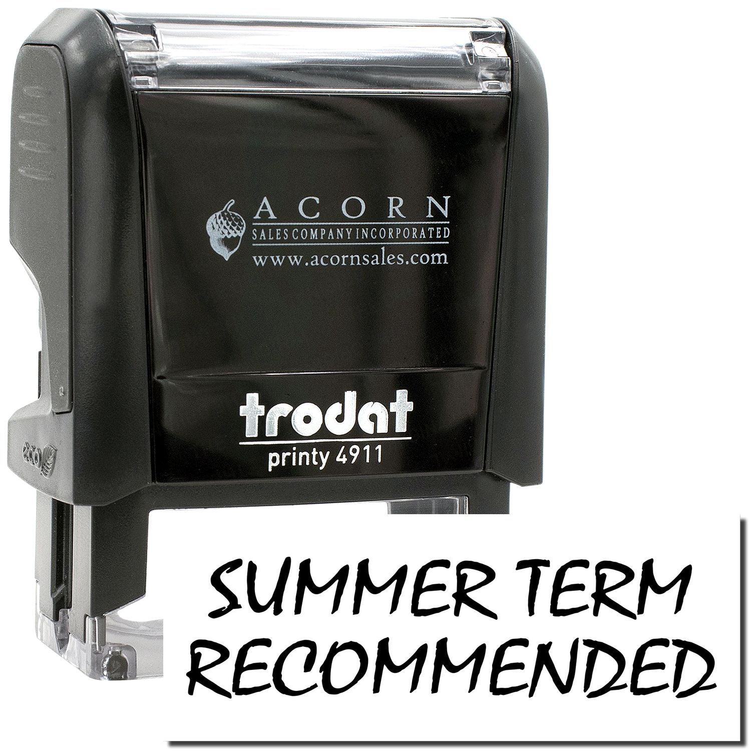 Trodat Printy 4911 self-inking stamp with Summer Term Recommended text and Acorn Sales logo on black body.