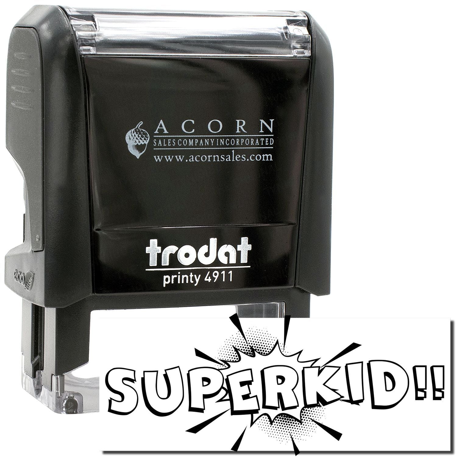 Black Trodat Printy 4911 self-inking custom stamp with Superkid design and Acorn Sales logo.