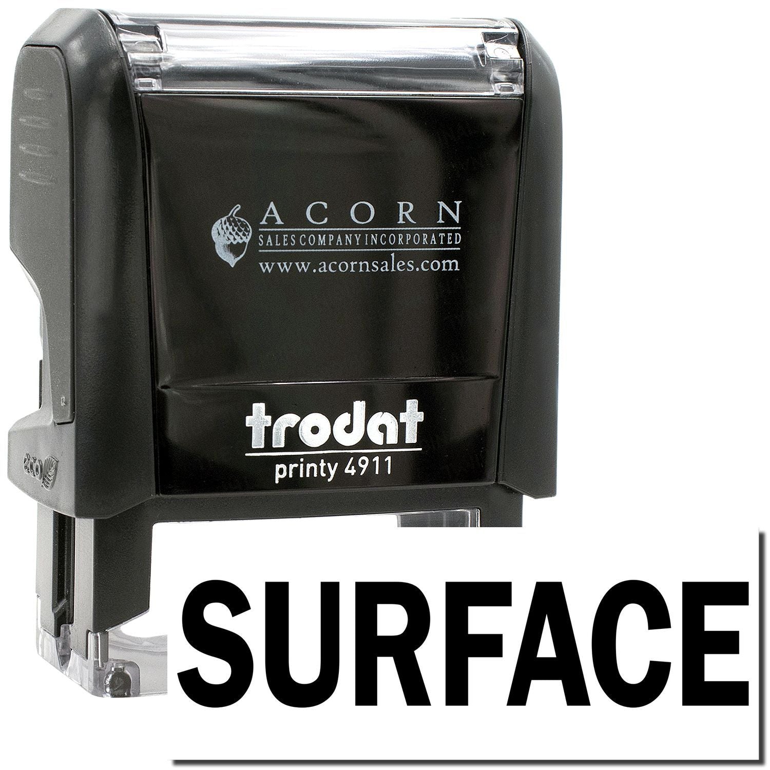 Trodat Printy 4911 self-inking stamp with Surface branding, black office stamp on white background