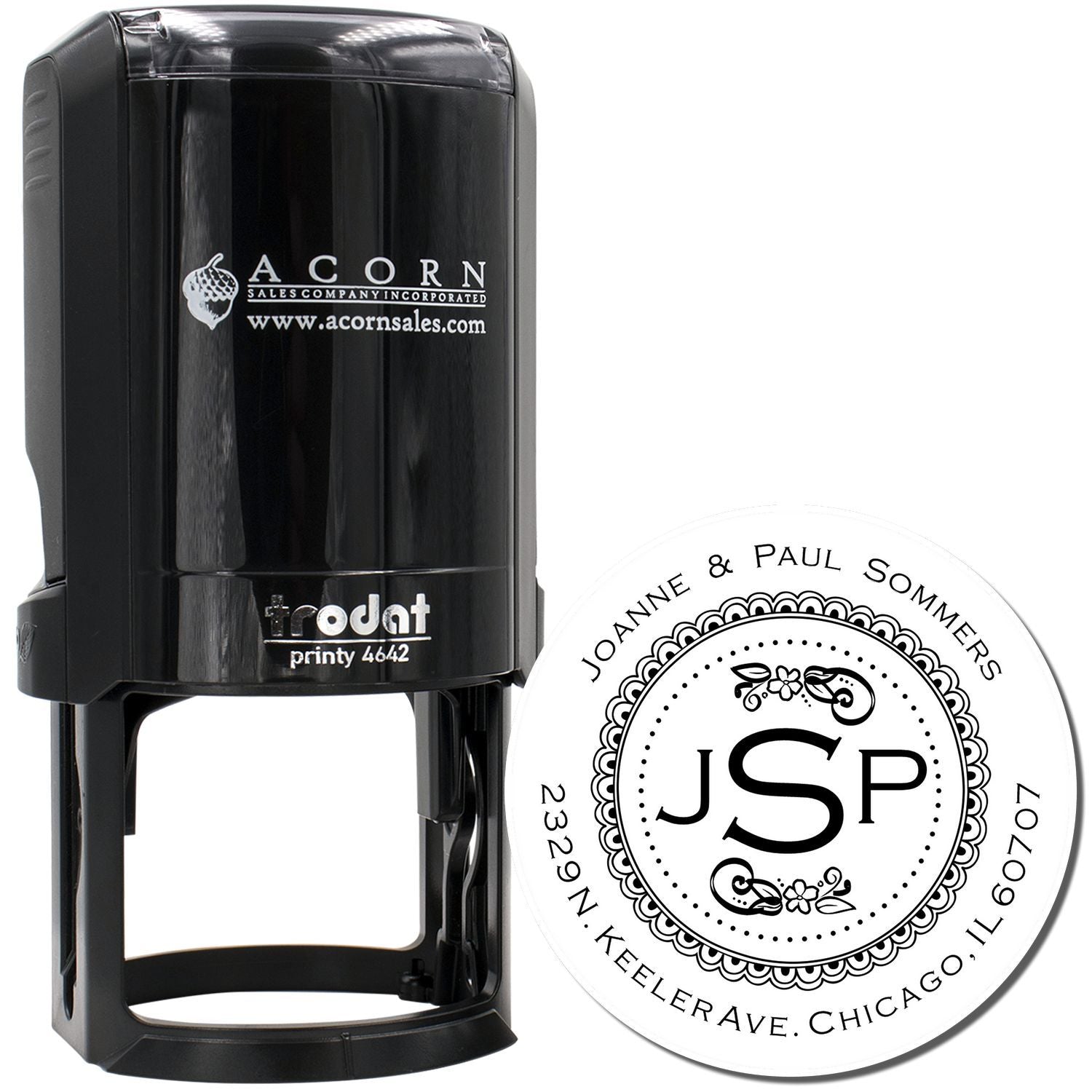 Custom self-inking rubber stamp with personalized monogram and return address for wedding invitations and stationery.