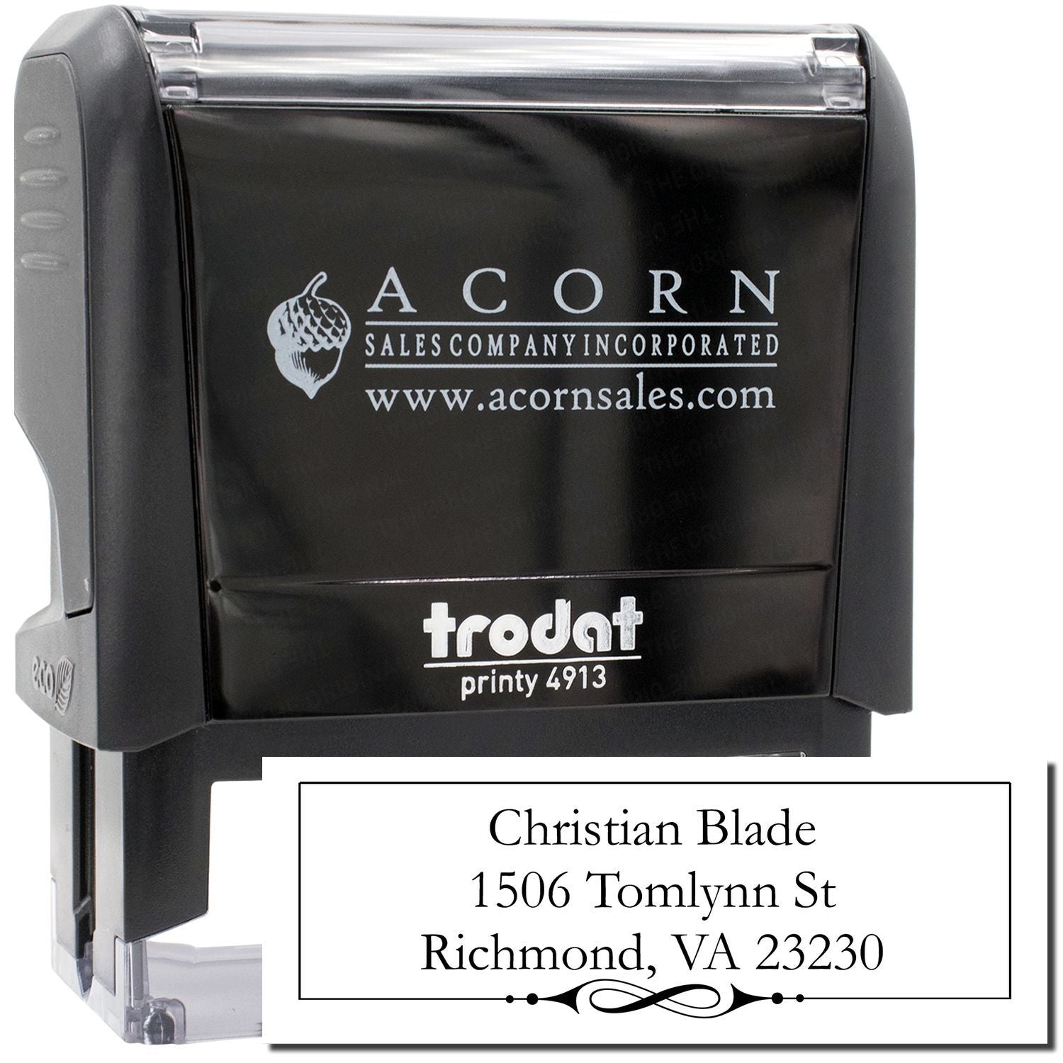 Custom self-inking address rubber stamp sample with Trodat Printy 4913, ideal for personalized business mailing labels.