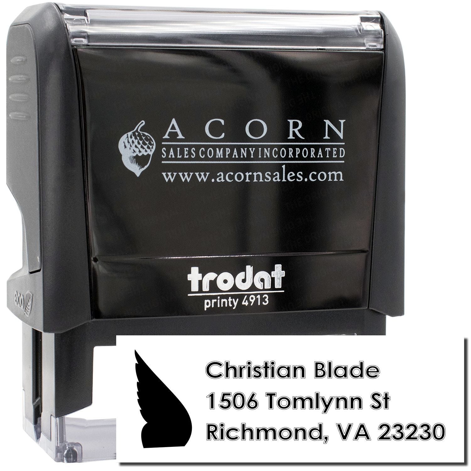 Trodat self-inking rubber stamp with custom business logo and address for Christian Blade, Richmond, VA