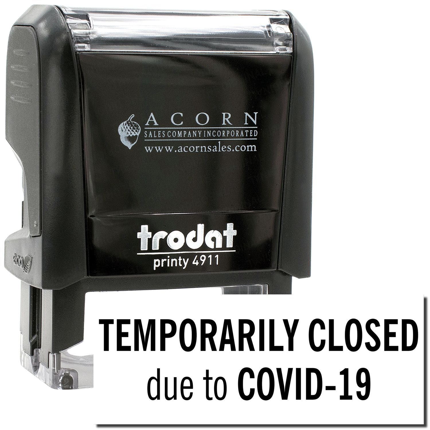Black self-inking rubber stamp with Temporarily Closed due to COVID-19 text for business closure notices