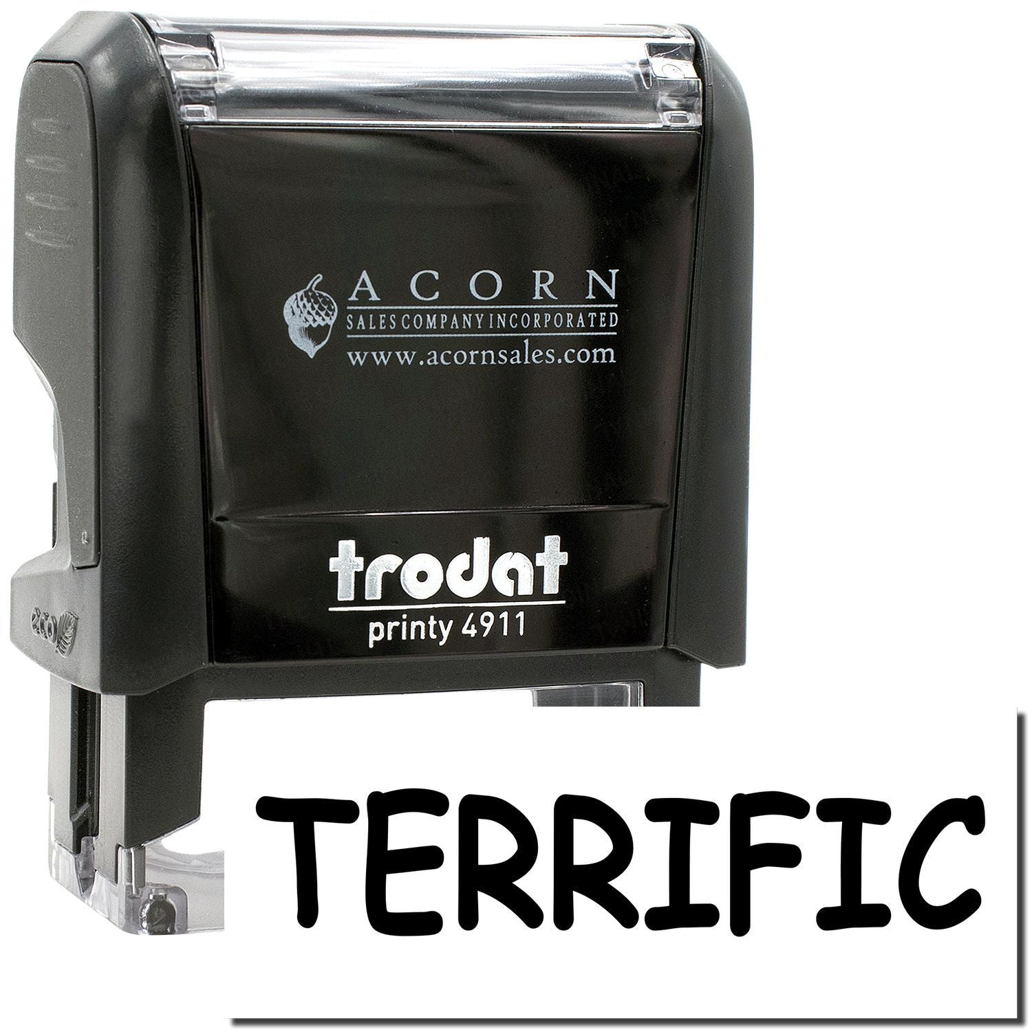 Terrific Trodat Printy 4911 self-inking stamp with black Acorn Sales Company logo and transparent cap.