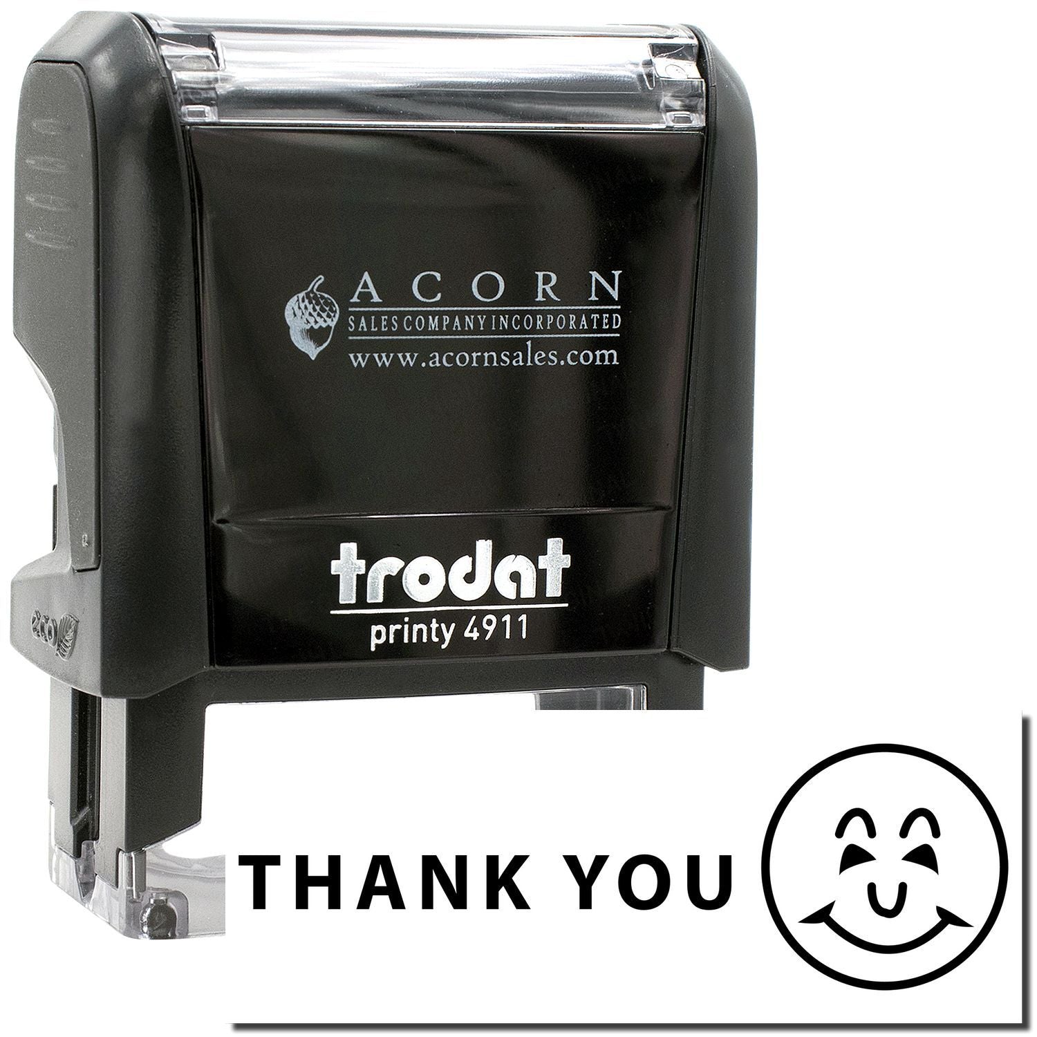 Black Trodat Printy 4911 self-inking thank you stamp with Acorn Sales Company logo and smiley face design
