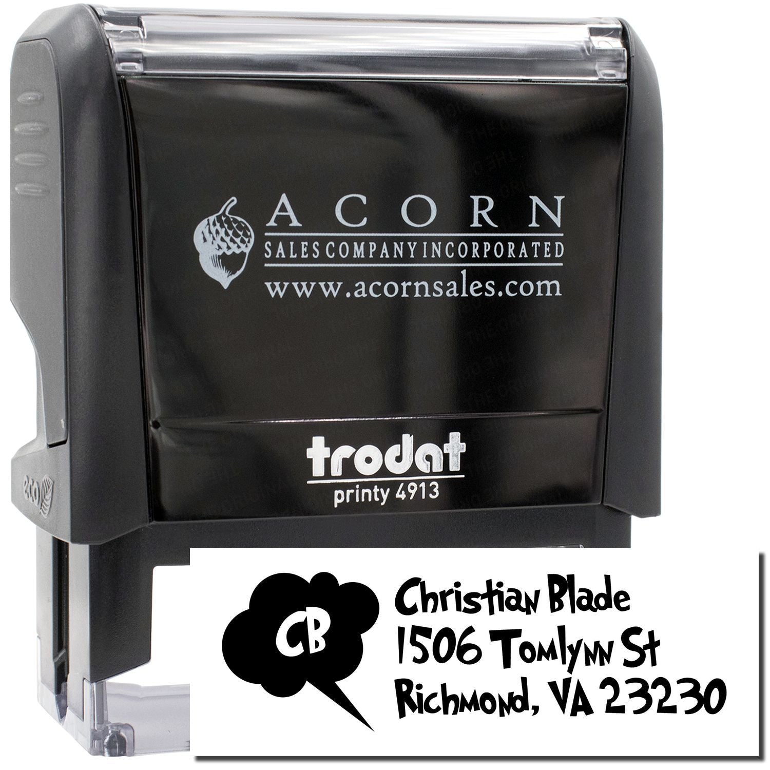 Trodat Printy 4913 custom self-inking rubber stamp with logo and return address for business mailings.