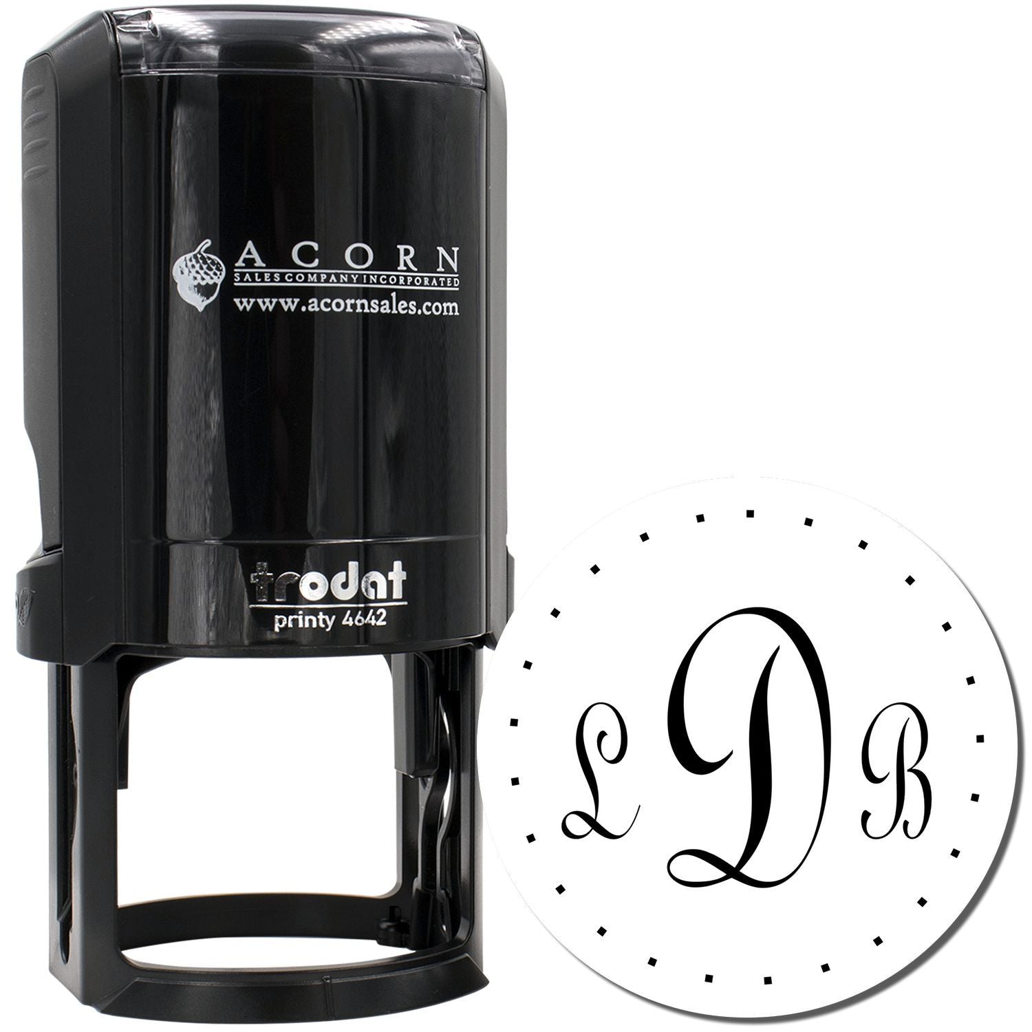 Custom self-inking rubber stamp Trodat Printy 4642 with elegant LDB monogram for personalized business branding.