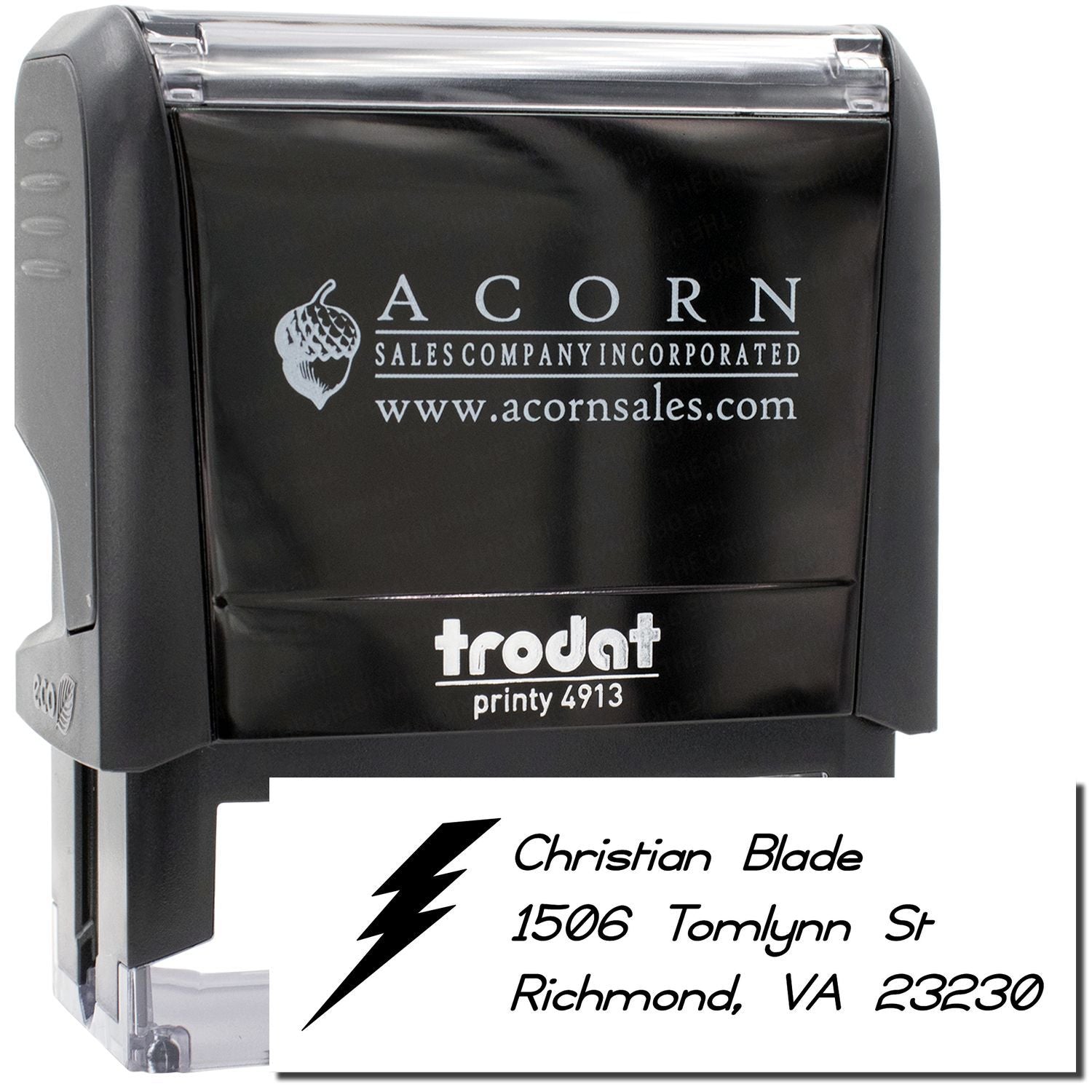 Custom self-inking rubber stamp with logo and return address, Trodat Printy 4913 business stamp.