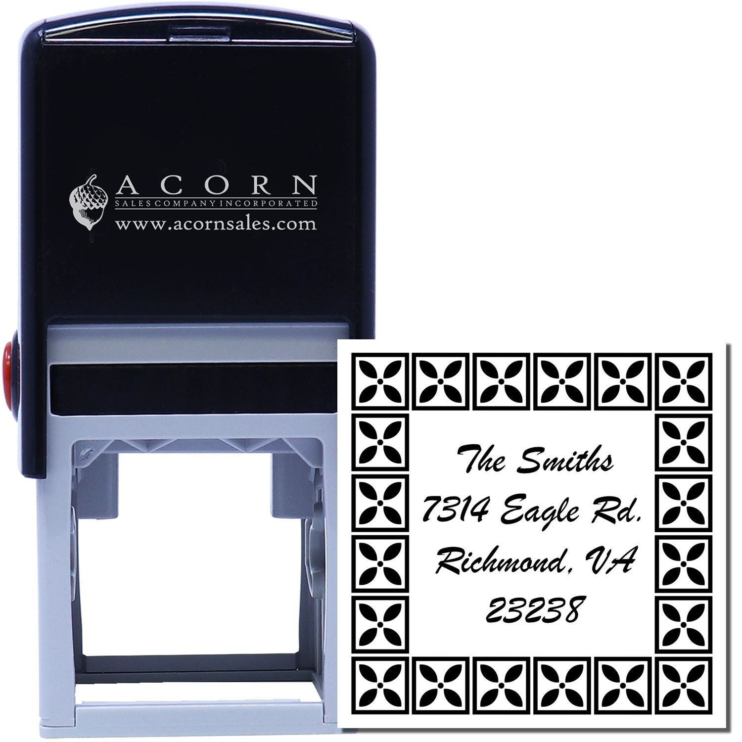 Custom self-inking address rubber stamp with decorative border, ideal for mailing labels for The Smiths in Richmond, VA.