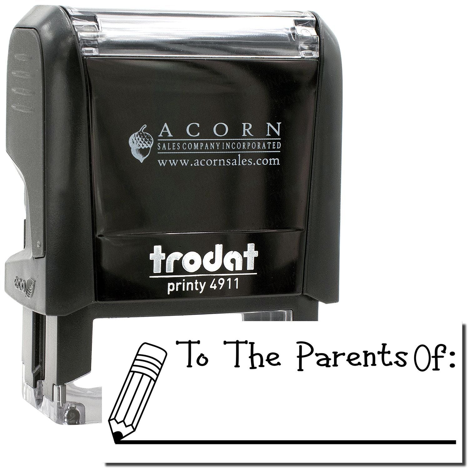 Black Trodat Printy 4911 self-inking stamp with To The Parents Of custom imprint, ideal for teacher and office use.