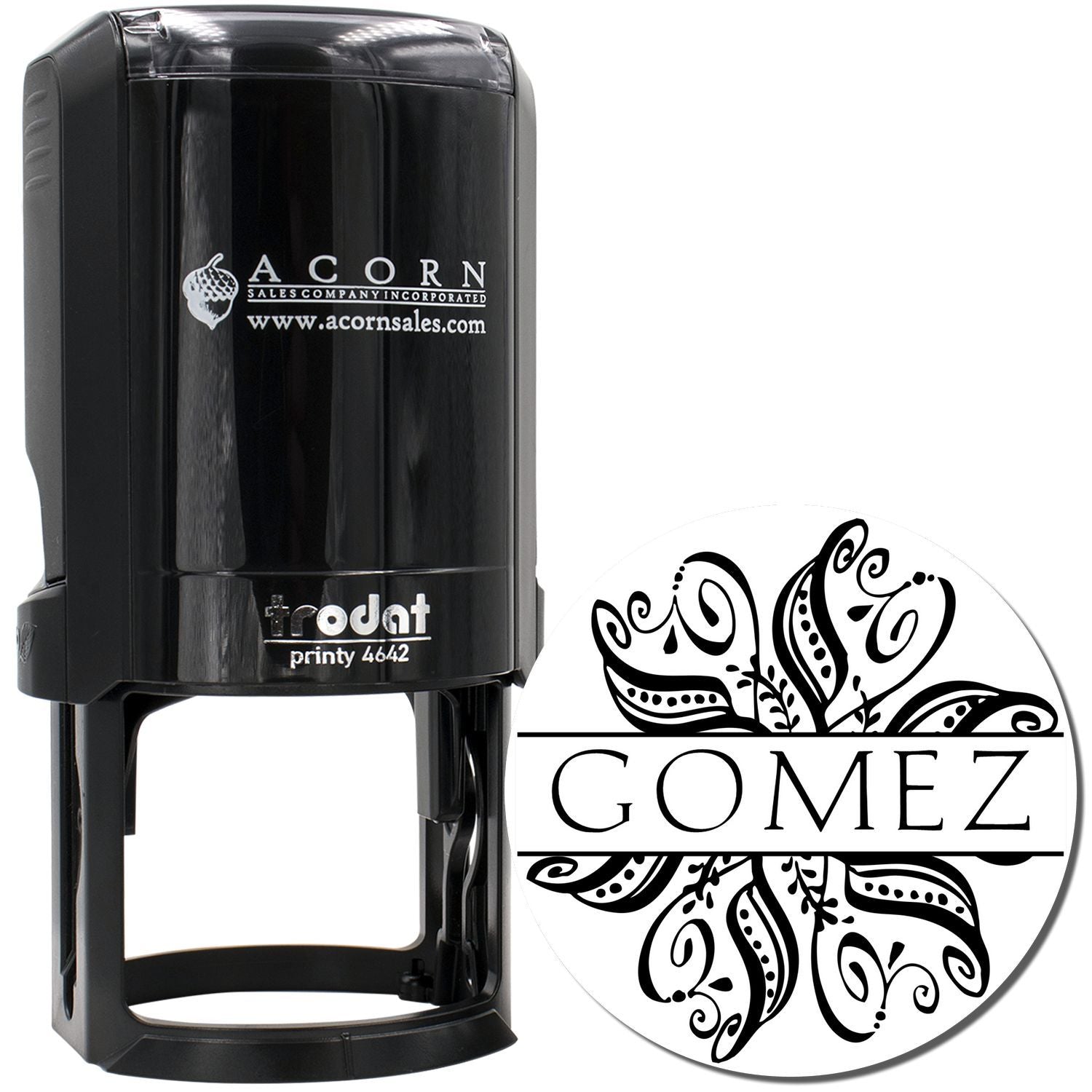 Custom self-inking rubber stamp with decorative Gomez logo impression for personalized business branding.