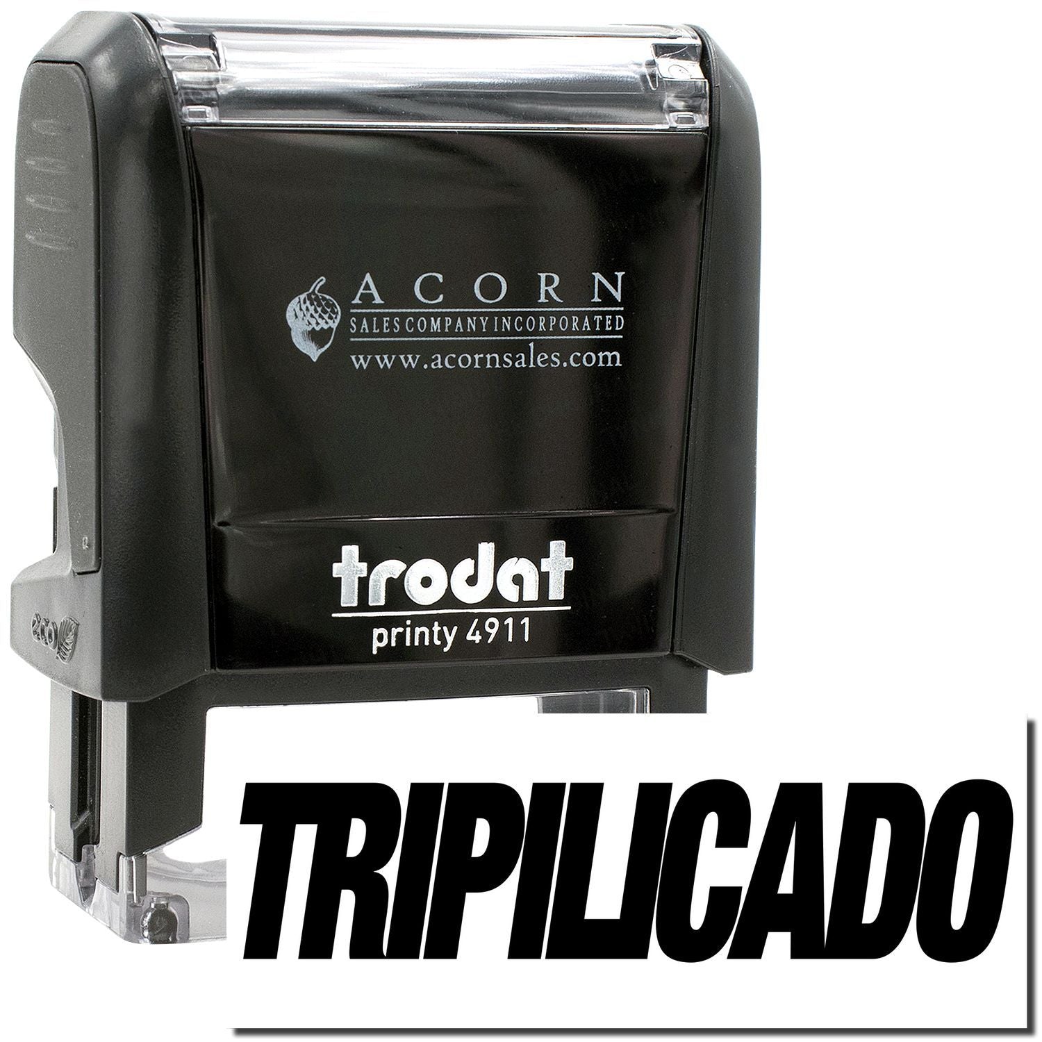 Trodat Printy 4911 self-inking rubber stamp by Acorn Sales in black and clear casing.