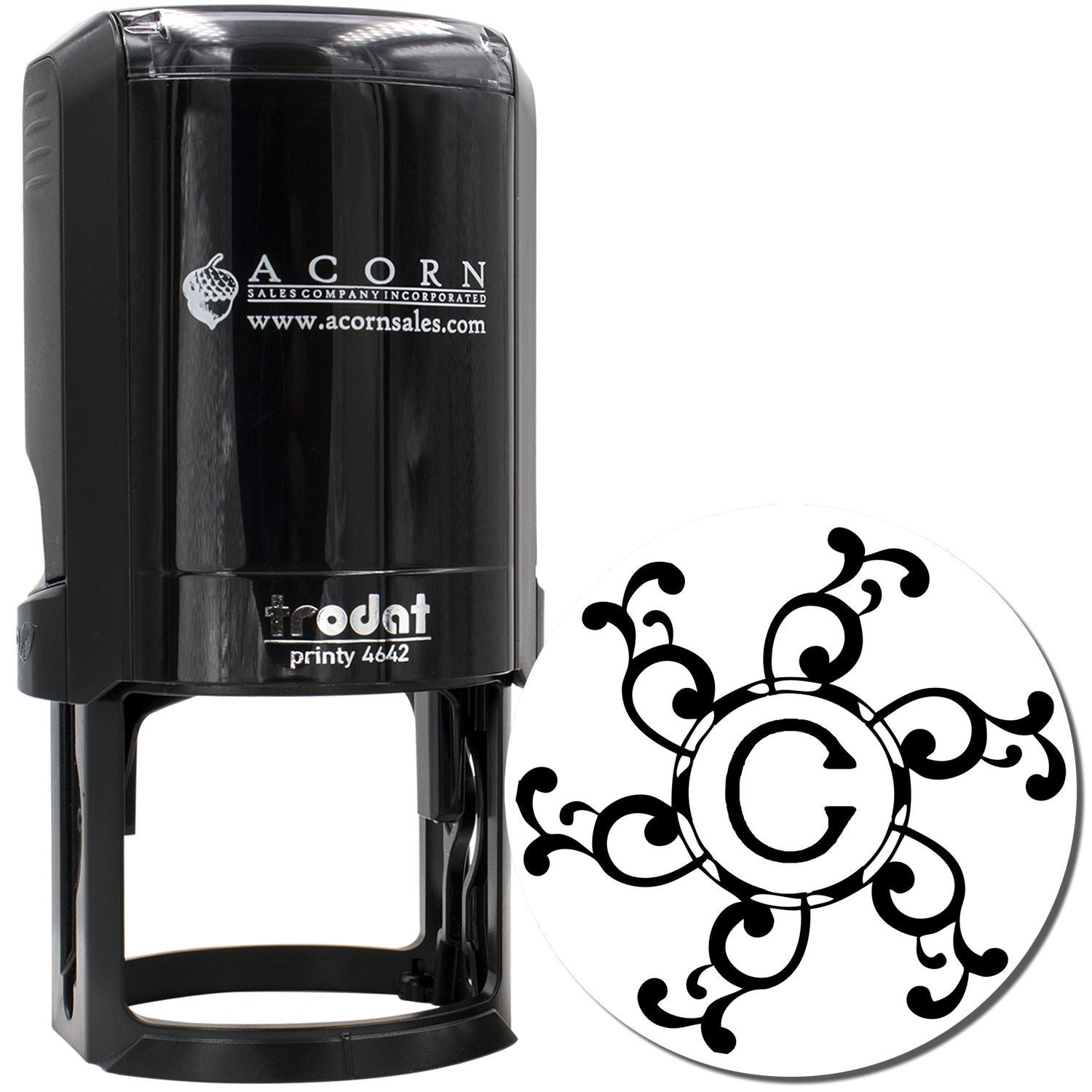 Self-inking custom rubber stamp with decorative monogram letter G, ideal for personalized business or craft marking.