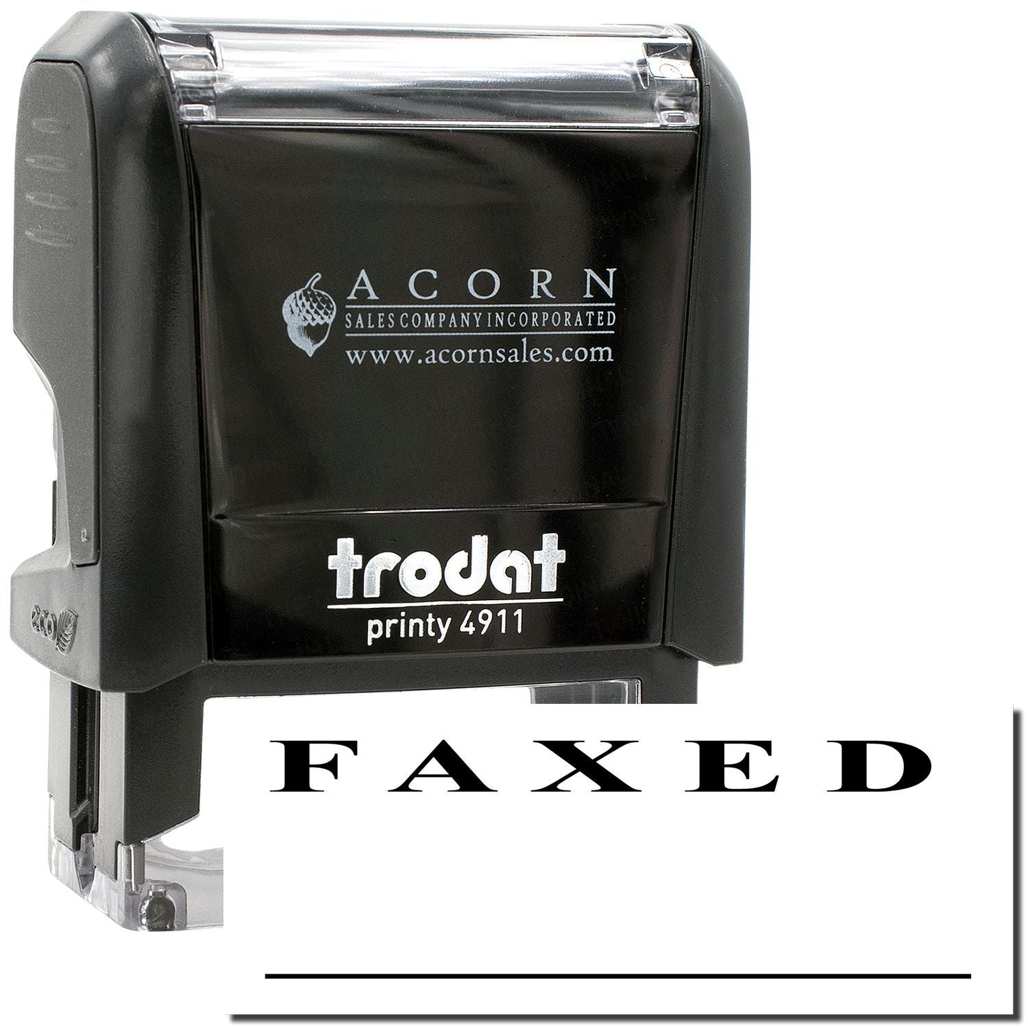 Black Trodat Printy 4911 self-inking FAXED stamp with Acorn Sales branding for office document marking