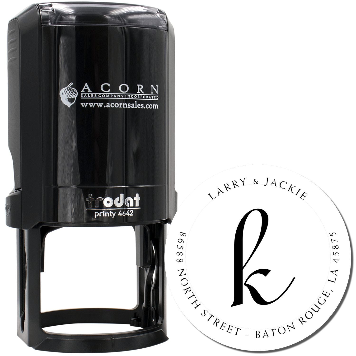 Trodat self-inking rubber stamp with custom monogram address design for wedding invitations, envelopes and branding.