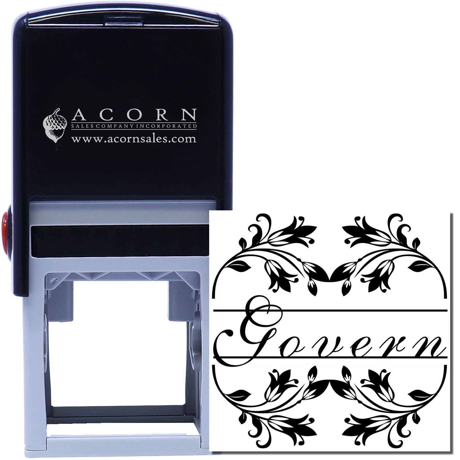 Custom self-inking rubber stamp with floral monogram design and Govern family name for personalized mailing and branding.