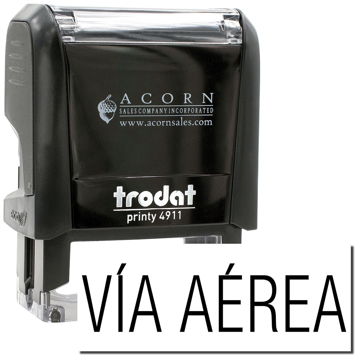 Black Trodat Printy 4911 self-inking stamp with Acorn Sales Company logo and Va Area text for mail and shipping marking