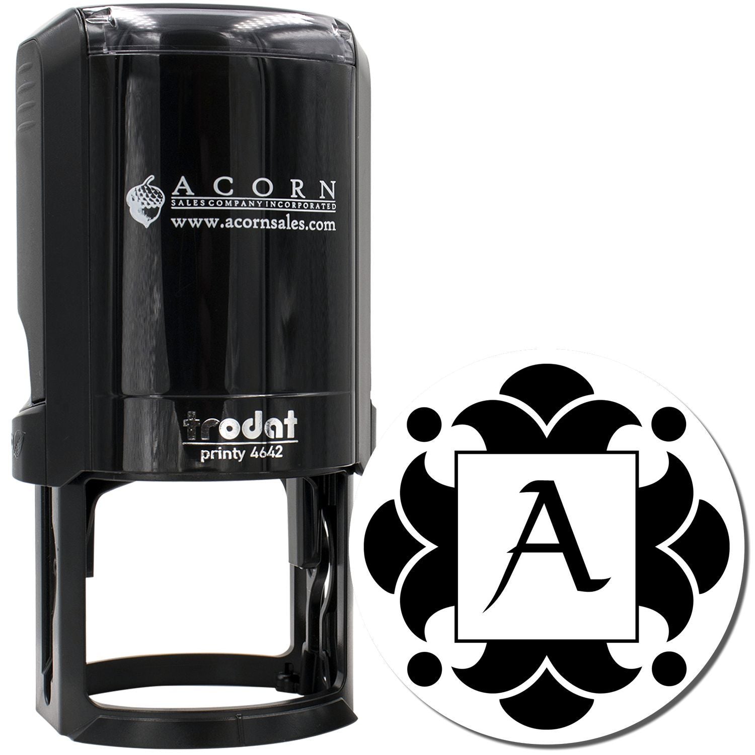 Custom self-inking rubber stamp with monogram letter A and decorative logo design for business branding.