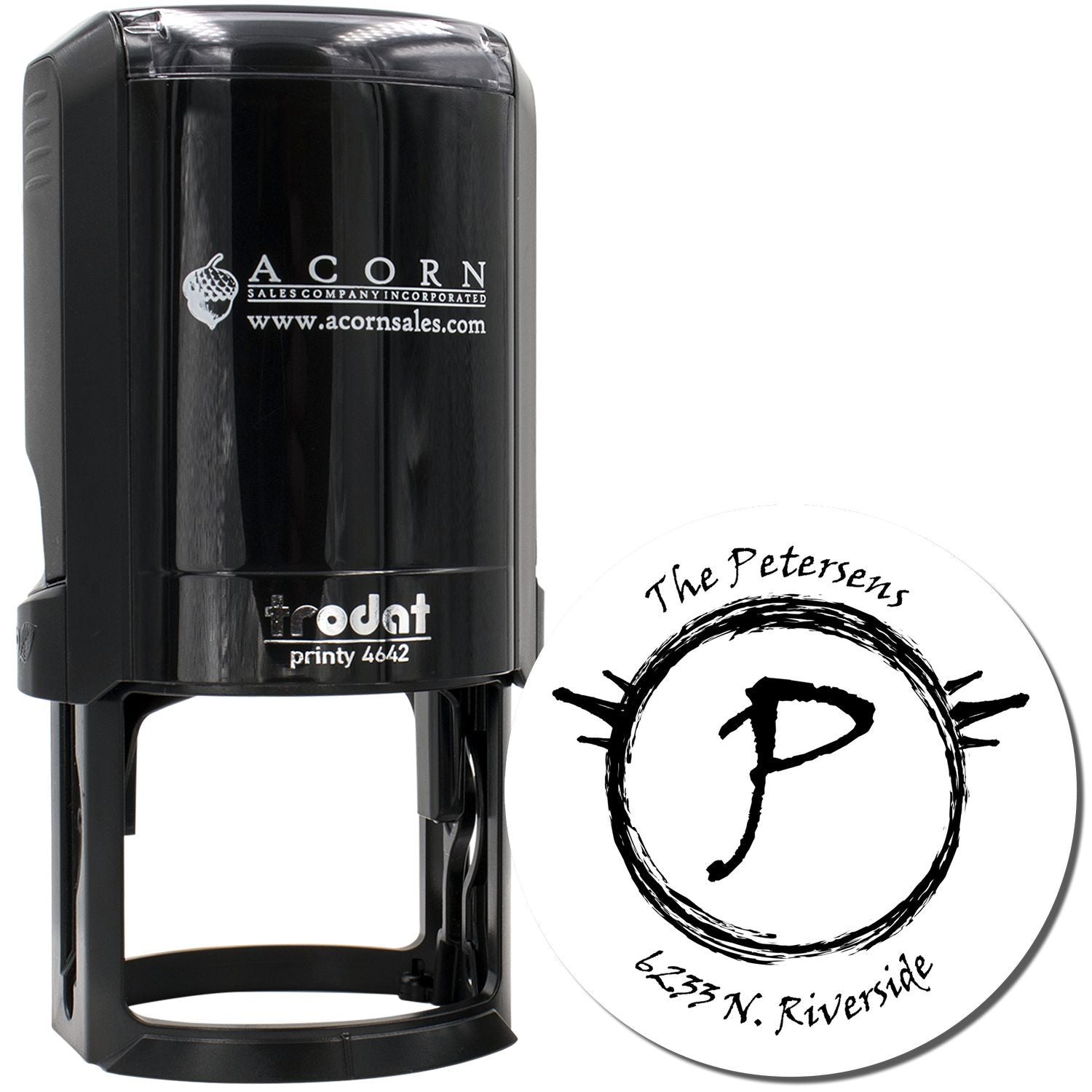 Trodat self-inking rubber stamp with custom round logo imprint for business branding, address, and office use.