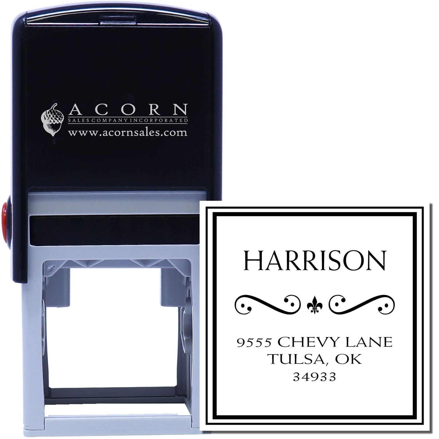 Personalized self-inking rubber address stamp with custom name and mailing address for business or personal use