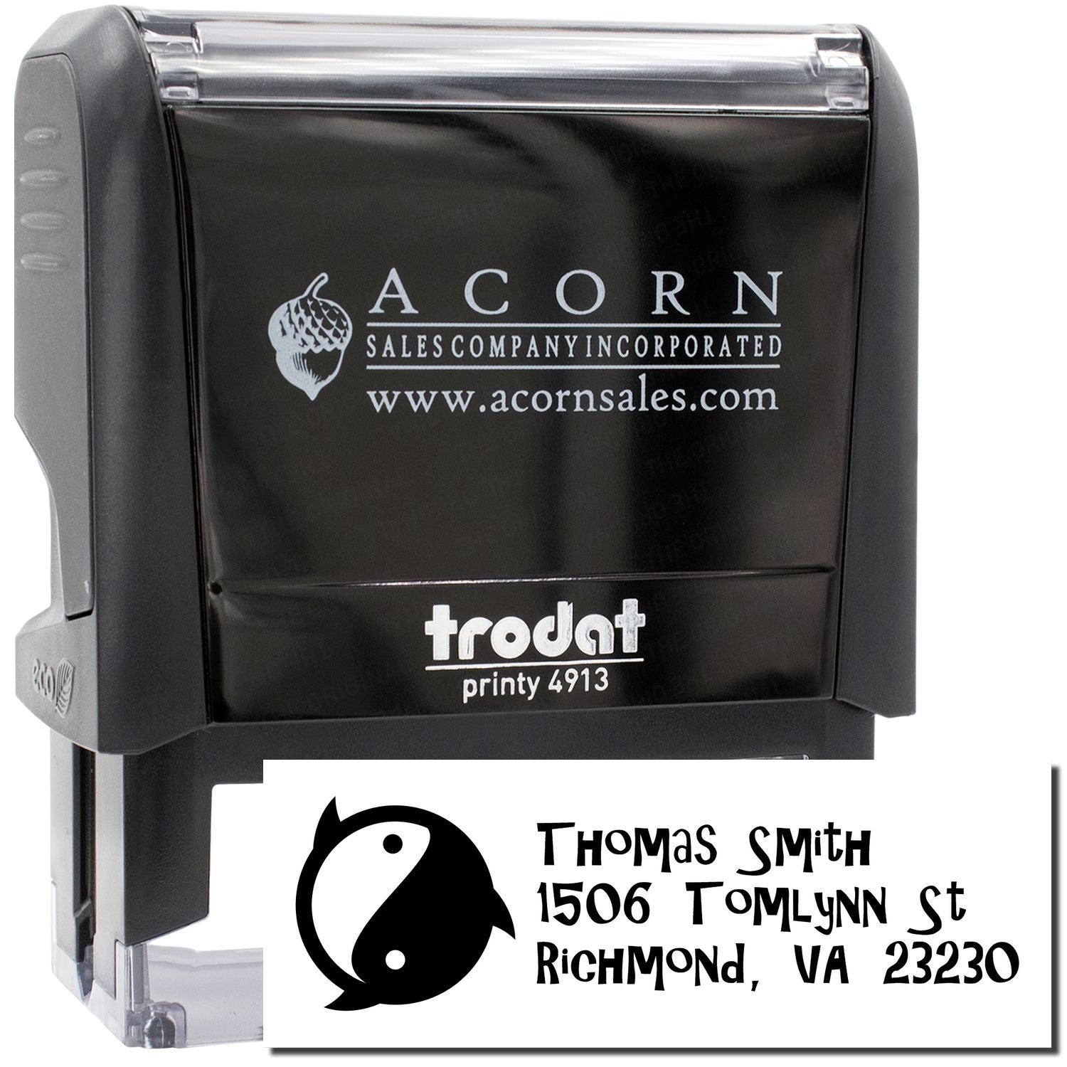 Trodat Printy 4913 custom self-inking rubber stamp with logo and address imprint for business branding and mailing.