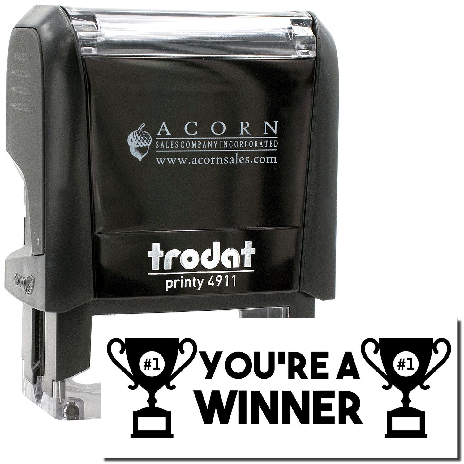 Trodat Printy 4911 self-inking stamp with Youre a Winner trophy imprint, black Acorn Sales custom stamp.