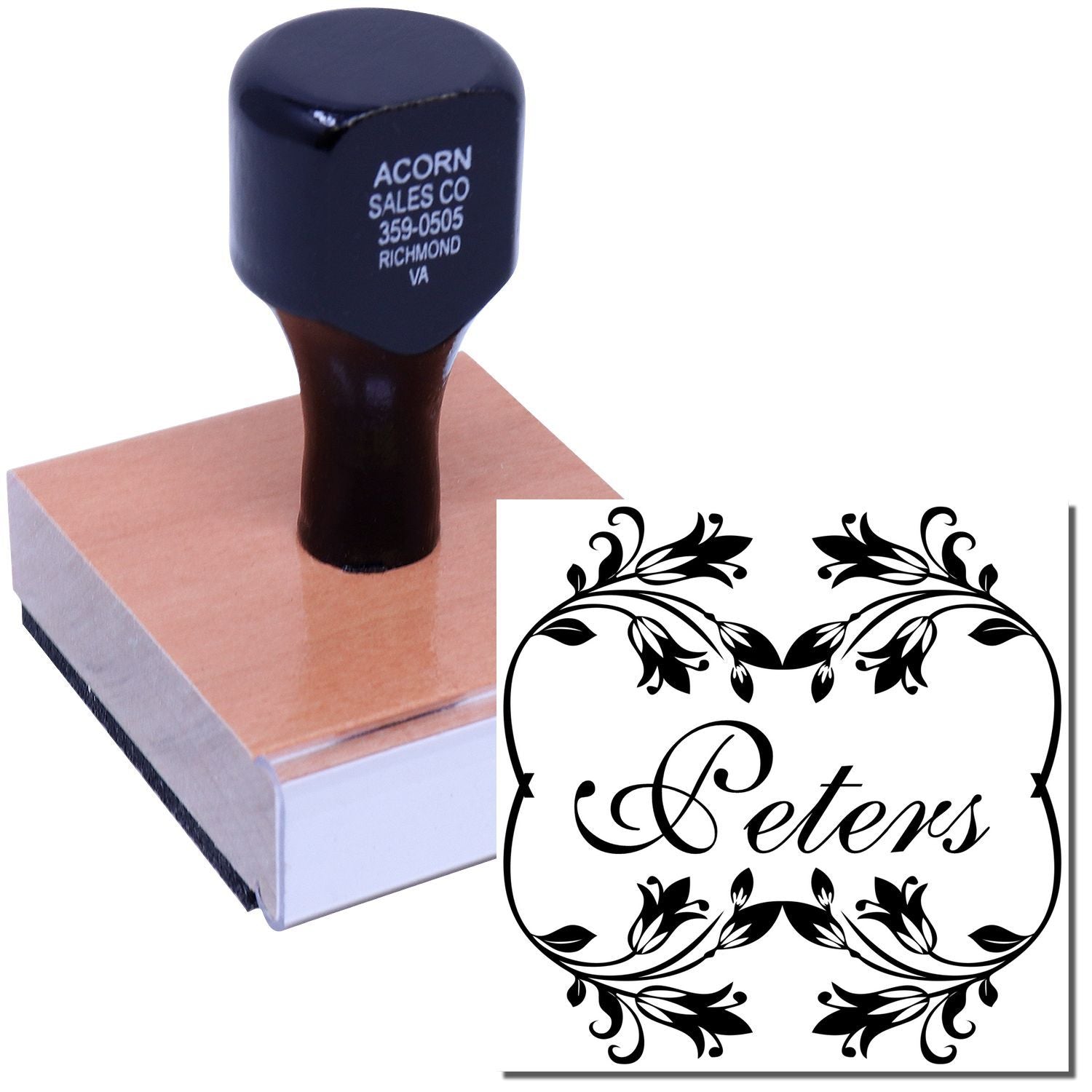 Custom rubber stamp with ornate floral monogram for personalized letters, stationery, and envelopes.