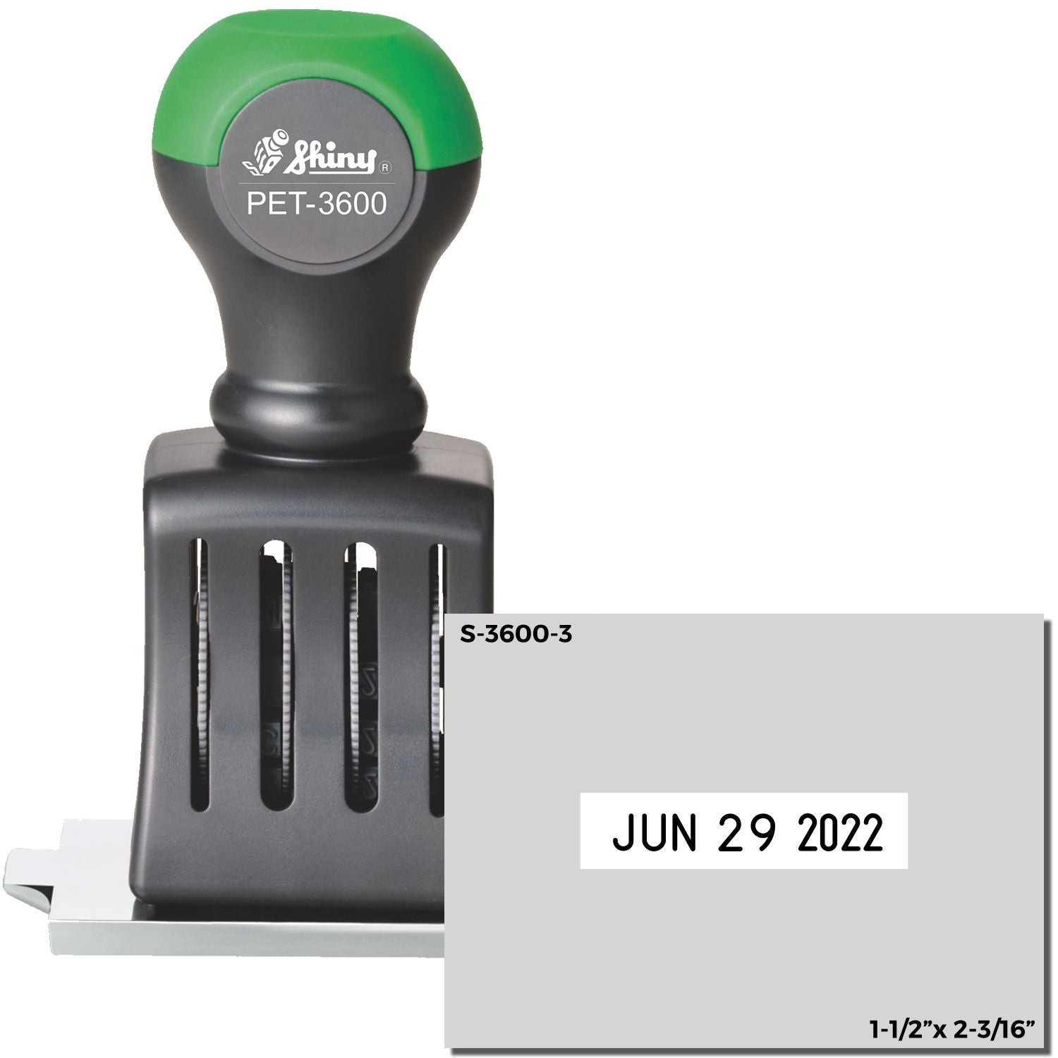 Shiny PET-3600 self-inking date stamp with June 29, 2022 imprint, S-3600-3 size 1-1/2 x 2-3/16 inches