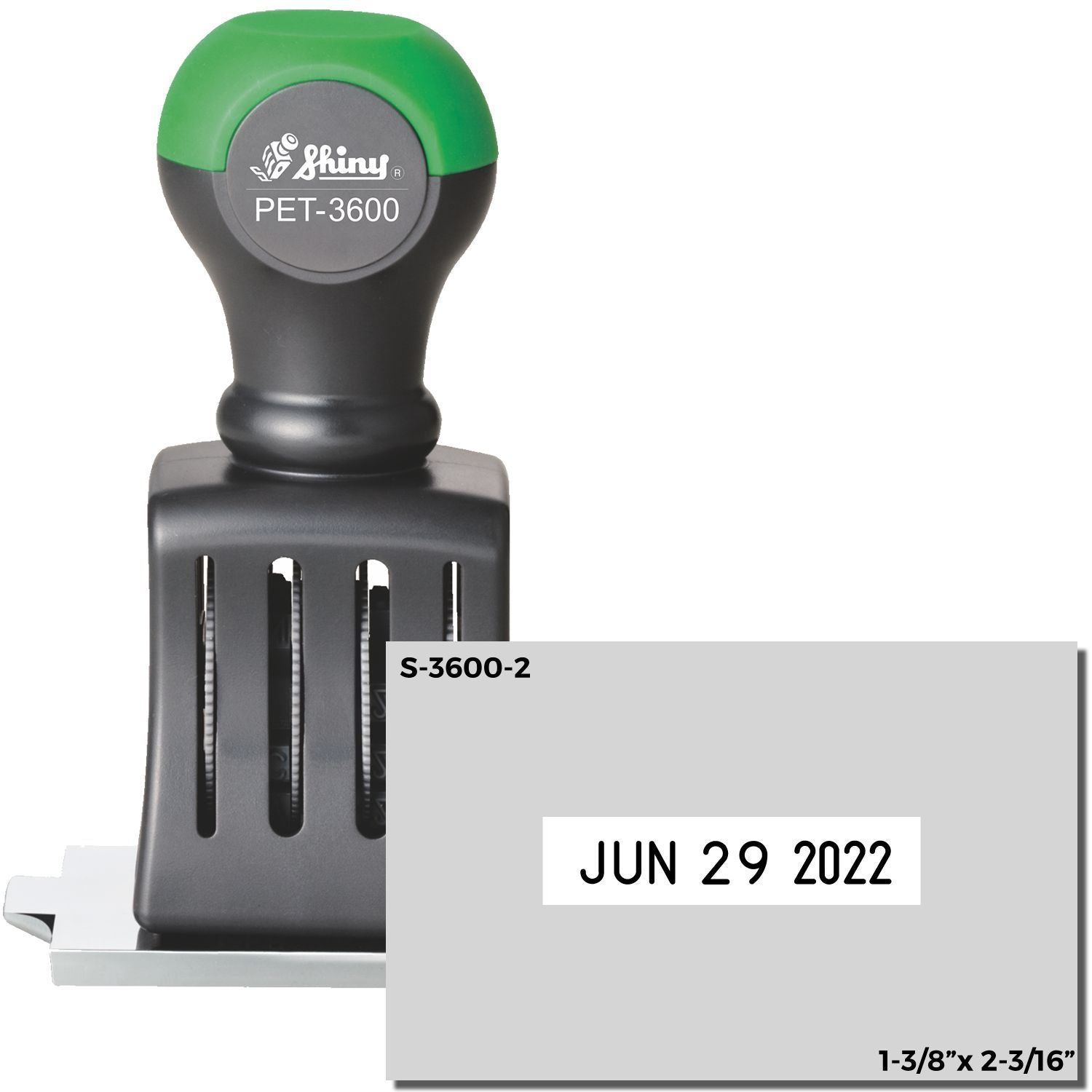 Shiny PET-3600 self-inking date stamp, S-3600-2, 1-3/8 x 2-3/16 inches, black and green handle with June 29, 2022 date impression.