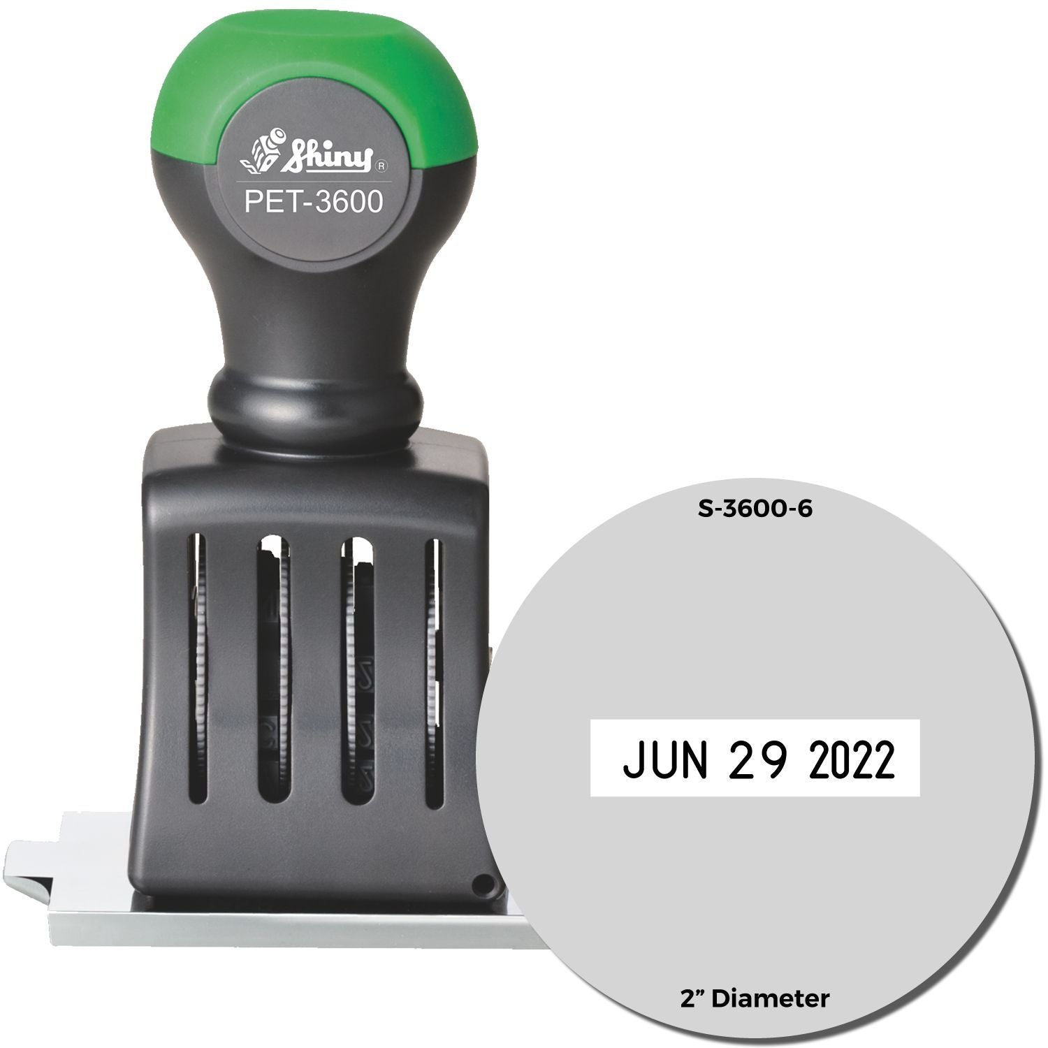 Shiny PET-3600 self-inking date stamp with 2-inch diameter imprint, showing JUN 29 2022 design.