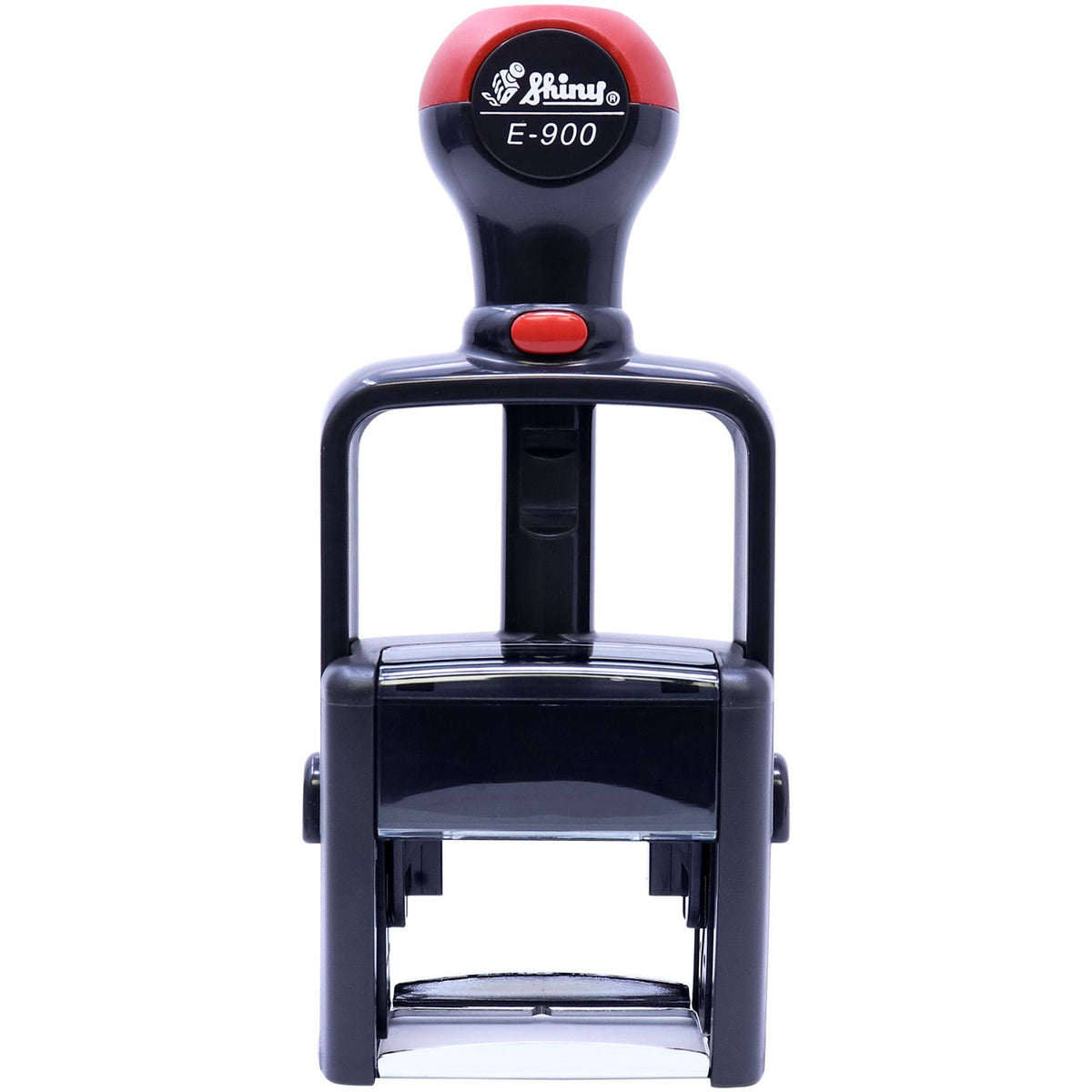 Shiny E-900 stamp machine front view with logo, red/black handle button for office document labeling and stamping