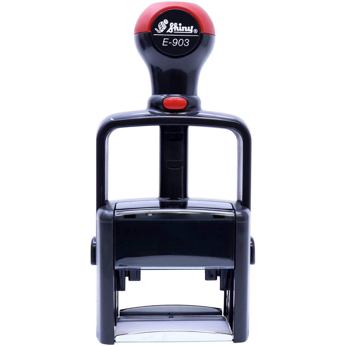 Shiny E-903 handheld ink stamp unit with red-and-black handle, used for imprinting labels, dates, or numbers.