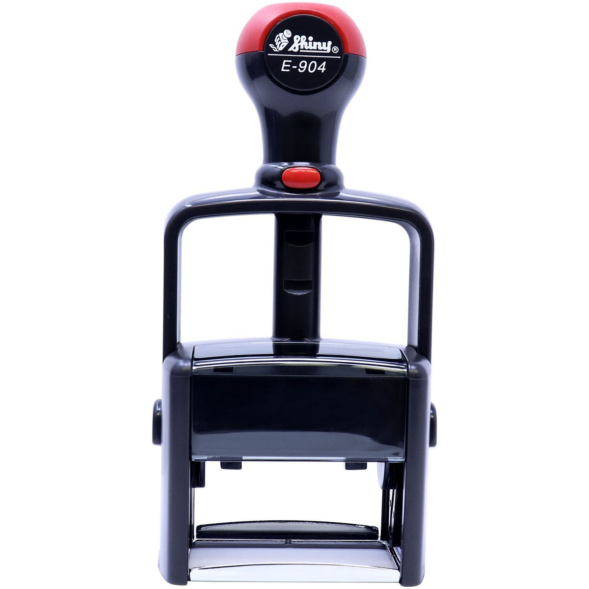 Shiny E-904 handheld date and number stamp tool for office use, front view with red button and black ink head for stamping documents and receipts.