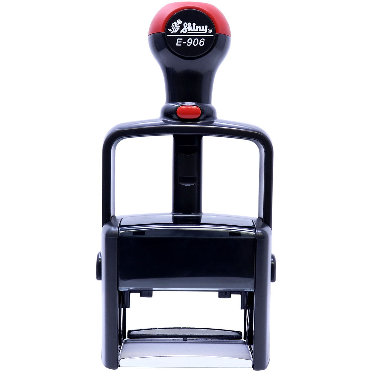 Shiny E-906 ink stamp machine front view with model label and red button for quick product marking and labeling