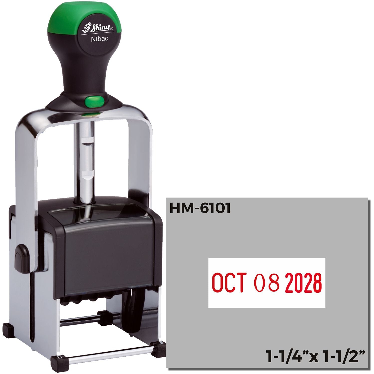 Shiny HM-6101 self-inking date stamp with Oct 08 2028 imprint, 1-1/4 x 1-1/2 inch black and green stamp tool