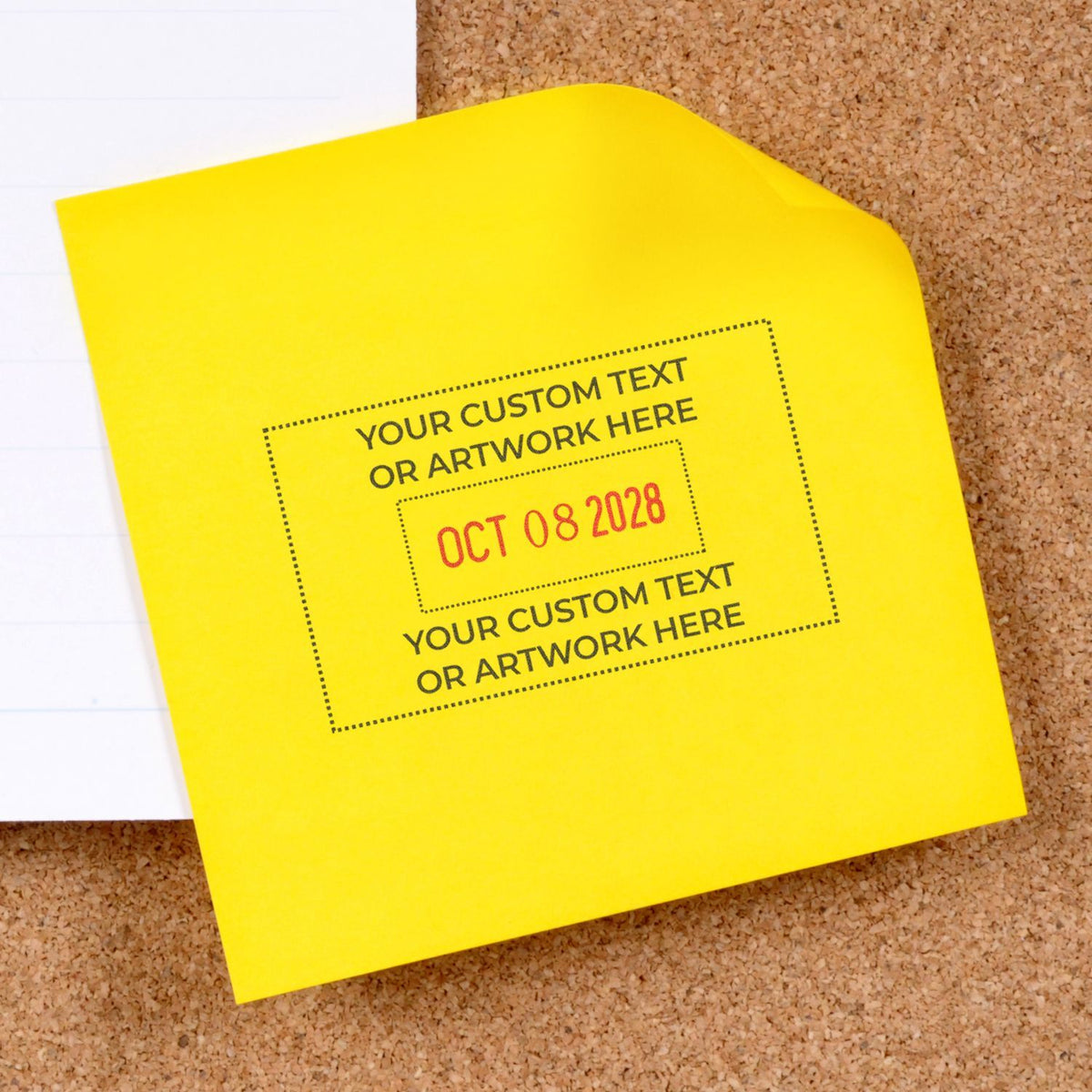 Bright yellow custom text card mockup on a corkboard background.