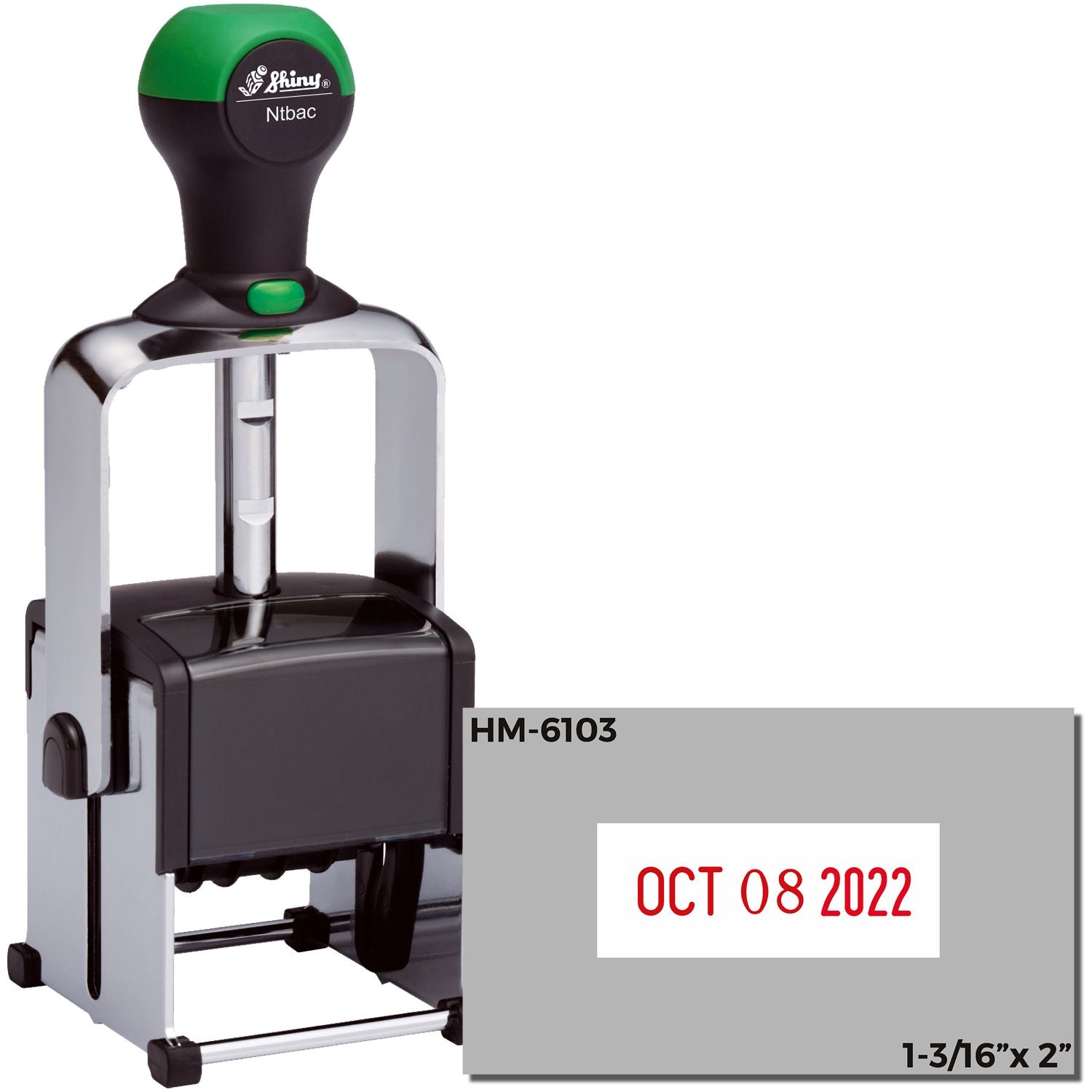Shiny HM-6103 self-inking date stamp with Oct 08 2022 imprint, 1-3/16" x 2" size, black and green office stamp tool.