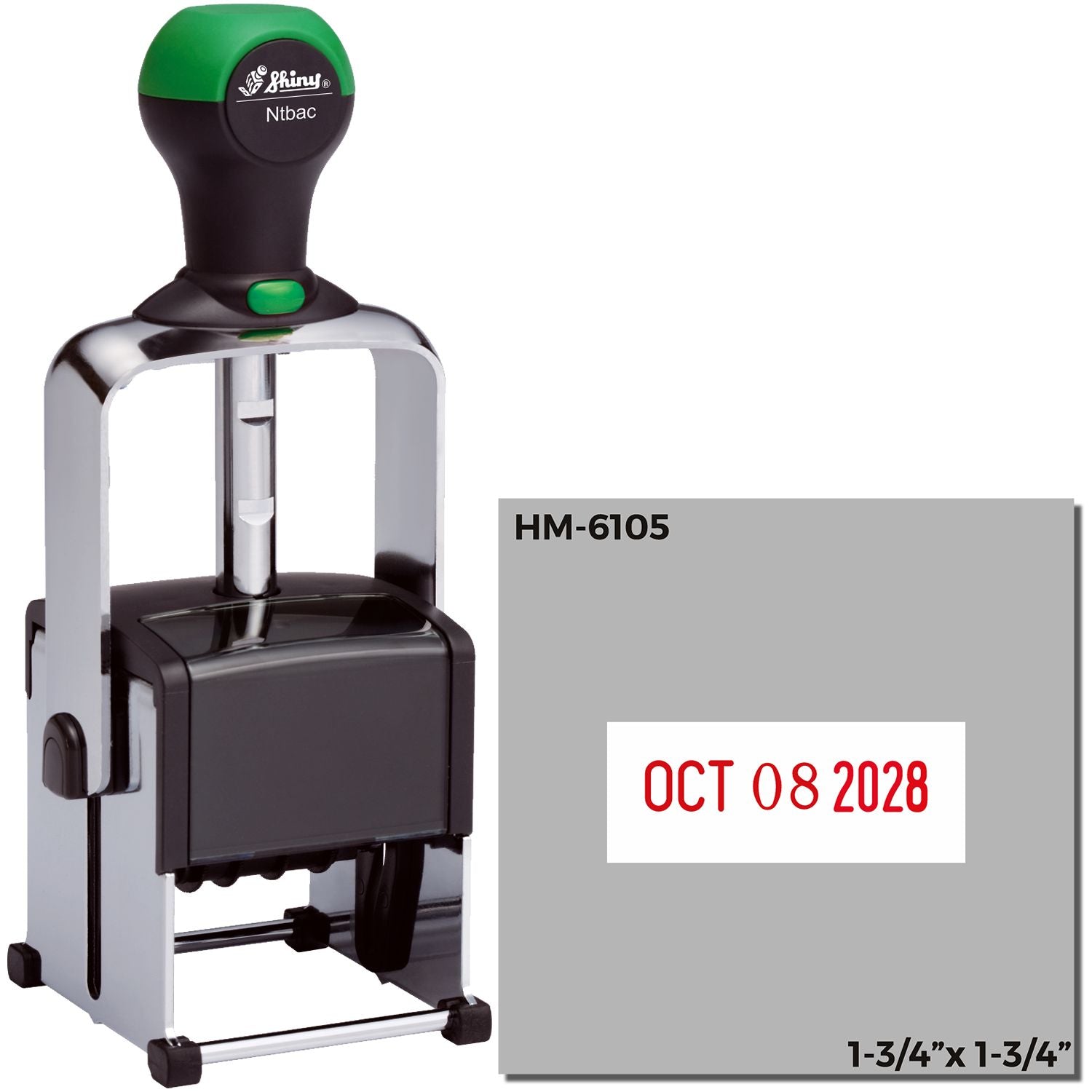 Shiny Ntbac HM-6105 self-inking date stamp with Oct 08 2028 imprint, 1-3/4" x 1-3/4" size